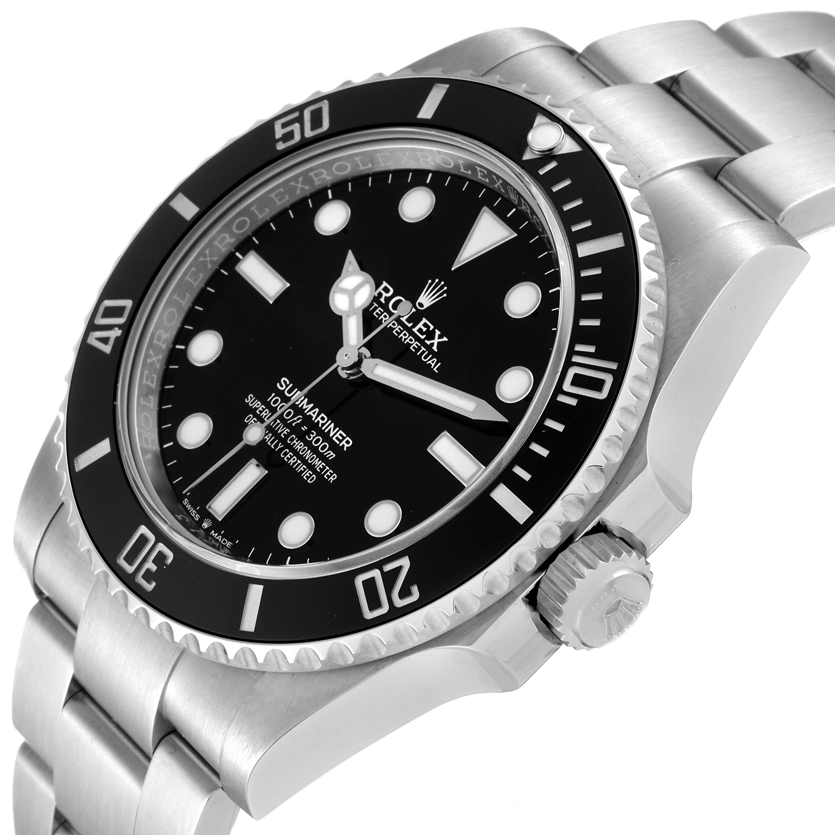 The image shows a close-up, angled view of the face, bezel, and part of the bracelet of a Rolex Submariner 124060 Men
s Stainless Steel Black Dial 124060 Men
s Stainless Steel Black Dial watch.