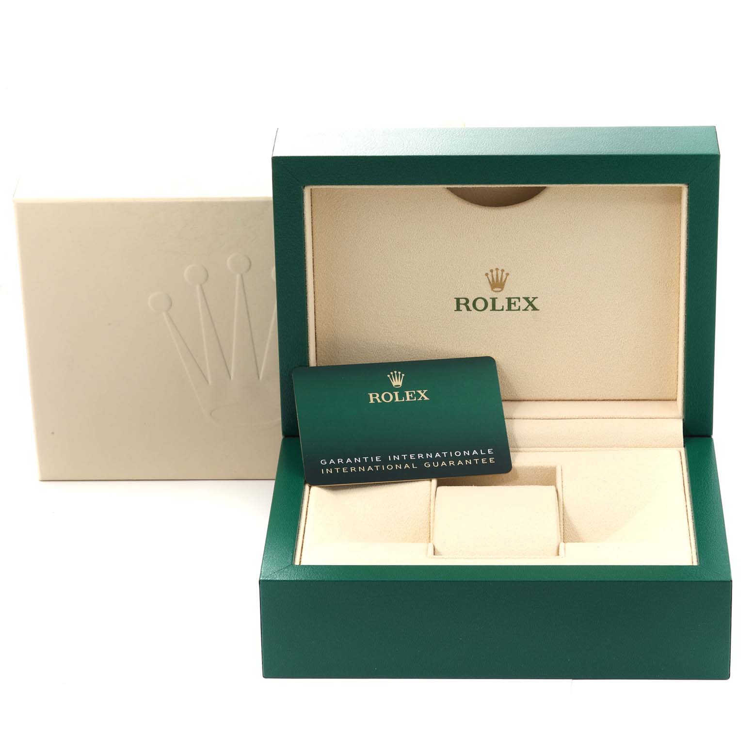The image shows an open green watch box and international guarantee card for a Rolex Submariner 124060 Men
s Stainless Steel Black Dial 124060 Men
s Stainless Steel Black Dial model.