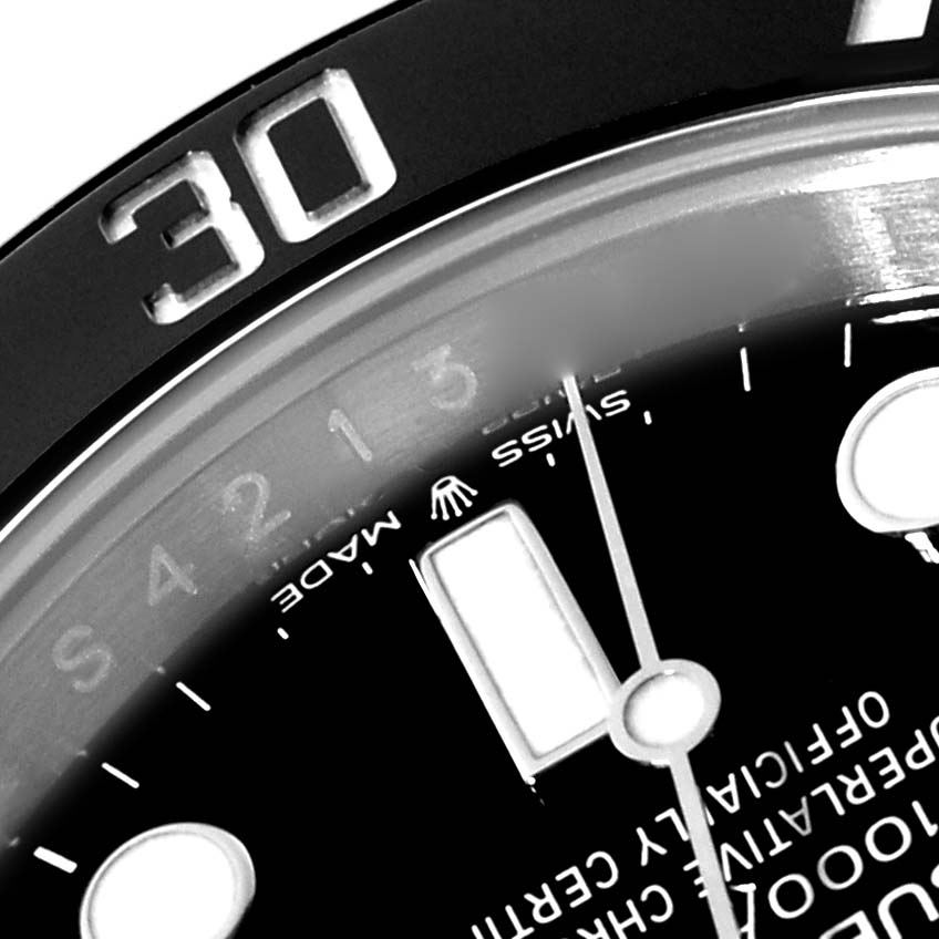 This close-up angle shows the dial and bezel of a Rolex Submariner 124060 Men
s Stainless Steel Black Dial 124060 Men
s Stainless Steel Black Dial watch, focusing on the numeral "30" and the "Swiss Made" marking.