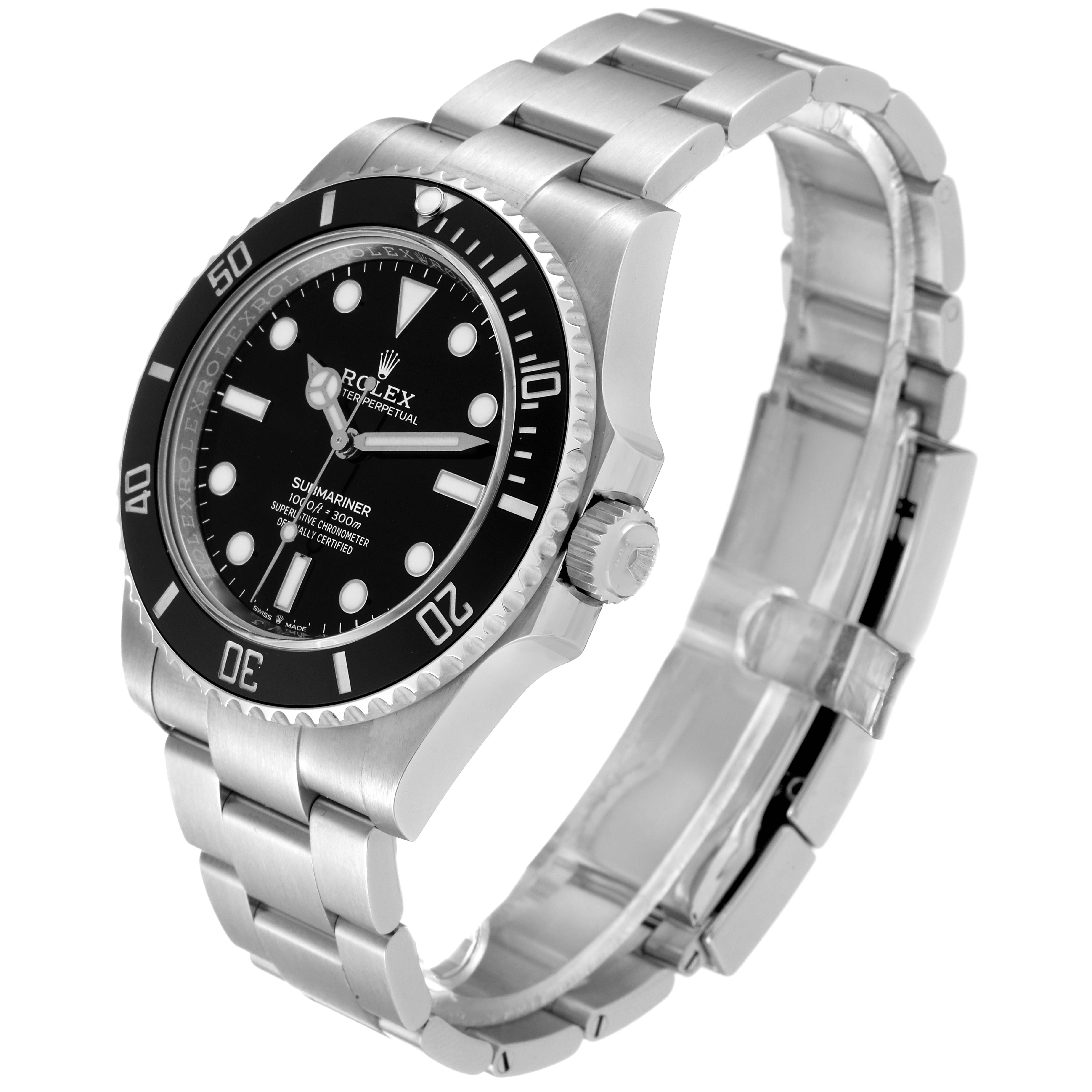 This image shows a Rolex Submariner 124060 Men
s Stainless Steel Black Dial 124060 Men
s Stainless Steel Black Dial watch, angled slightly from above, displaying the face, bezel, crown, and bracelet.