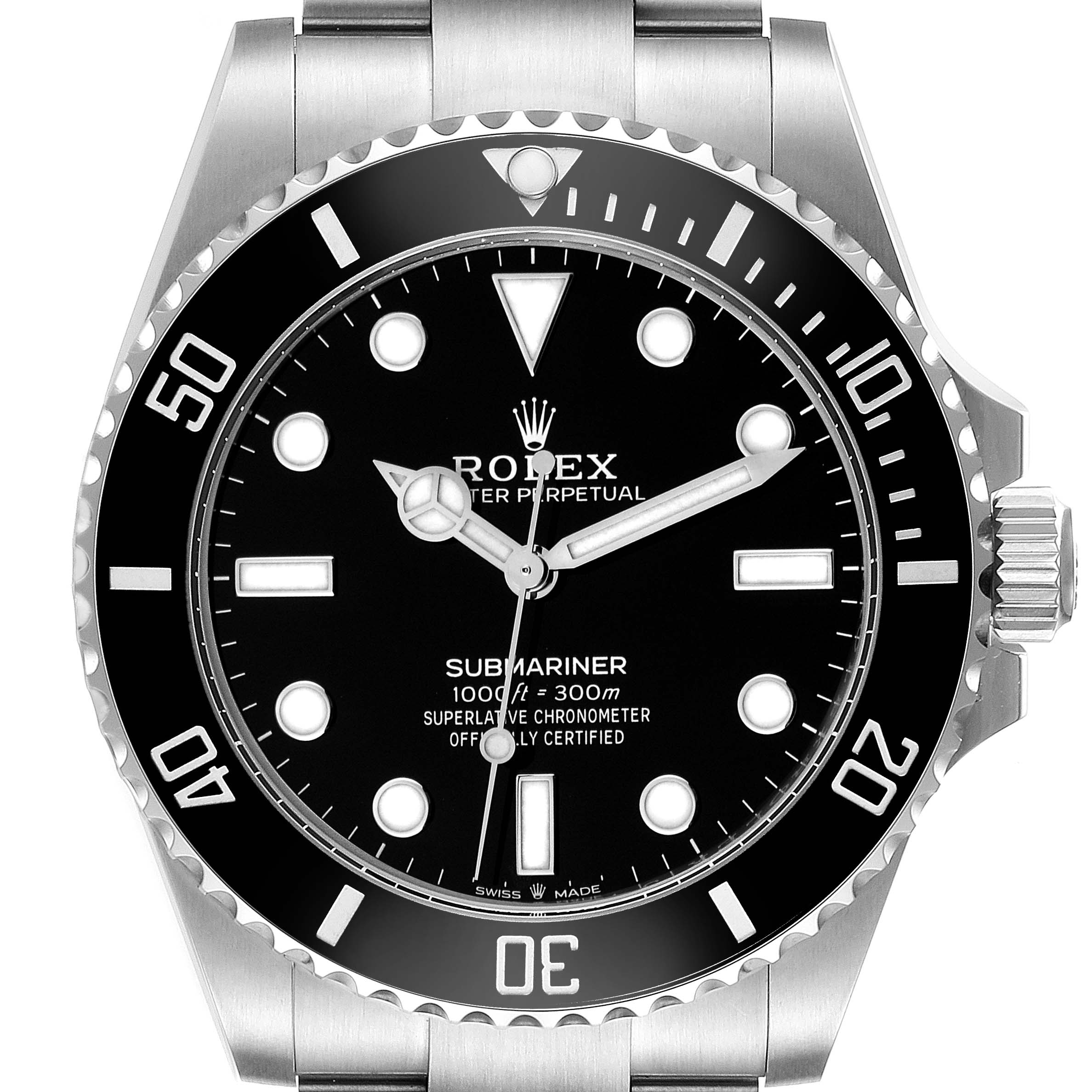 The image shows a frontal view of the Rolex Submariner 124060 Men
s Stainless Steel Black Dial 124060 Men
s Stainless Steel Black Dial watch, displaying the dial, bezel, and bracelet.