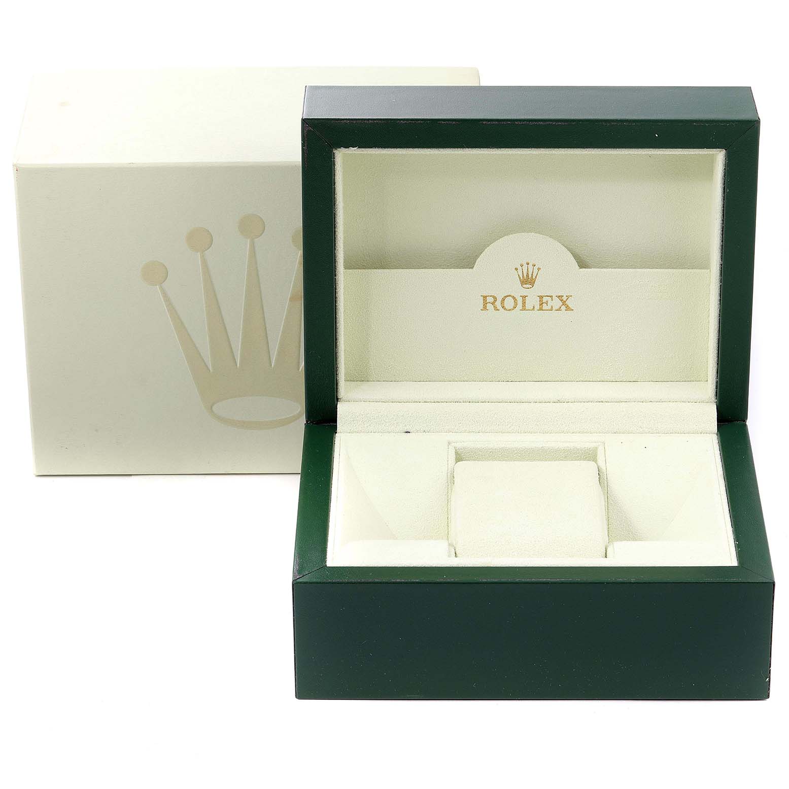 This image shows an open Rolex Yacht-Master 168622 Men's Stainless Steel Silver Dial 168622 Men's Stainless Steel Silver Dial watch box, displaying both the inner cushion and the outer packaging.