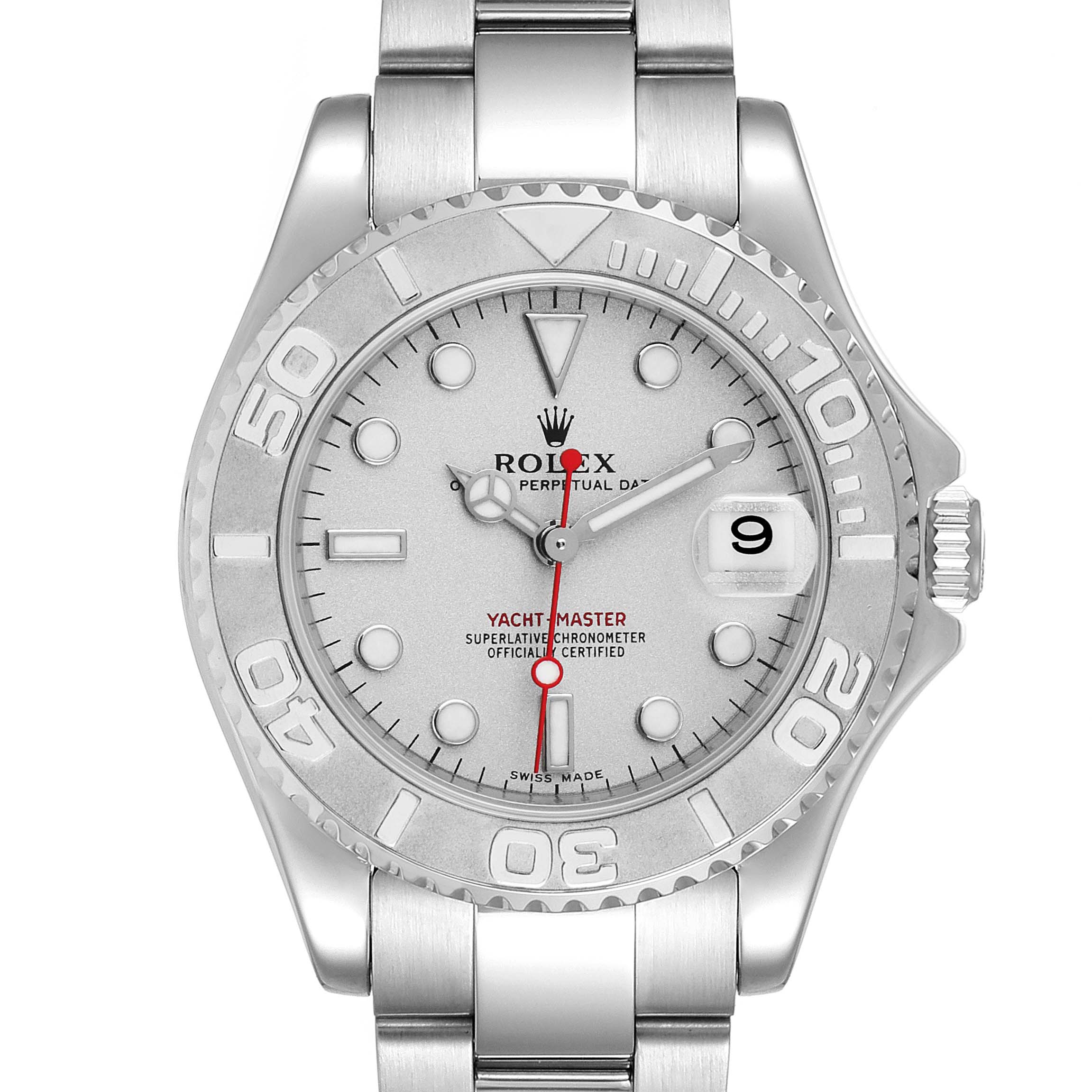 This Rolex Yacht-Master 168622 Men's Stainless Steel Silver Dial 168622 Men's Stainless Steel Silver Dial watch is shown from a top-down angle, displaying the dial, bezel, and part of the bracelet.