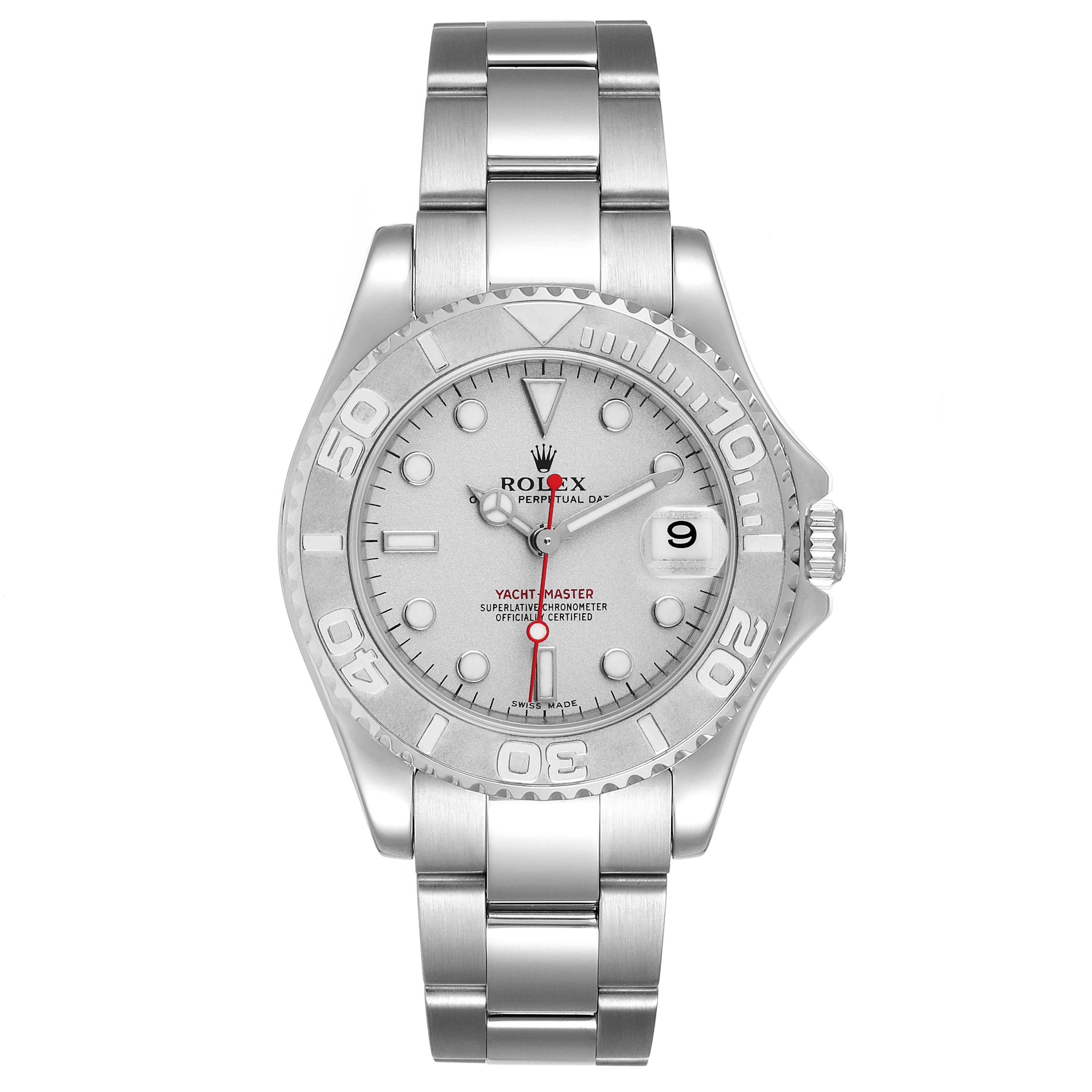 The image shows a front view of a Rolex Yacht-Master 168622 Men's Stainless Steel Silver Dial 168622 Men's Stainless Steel Silver Dial watch featuring its face, bezel, and bracelet.