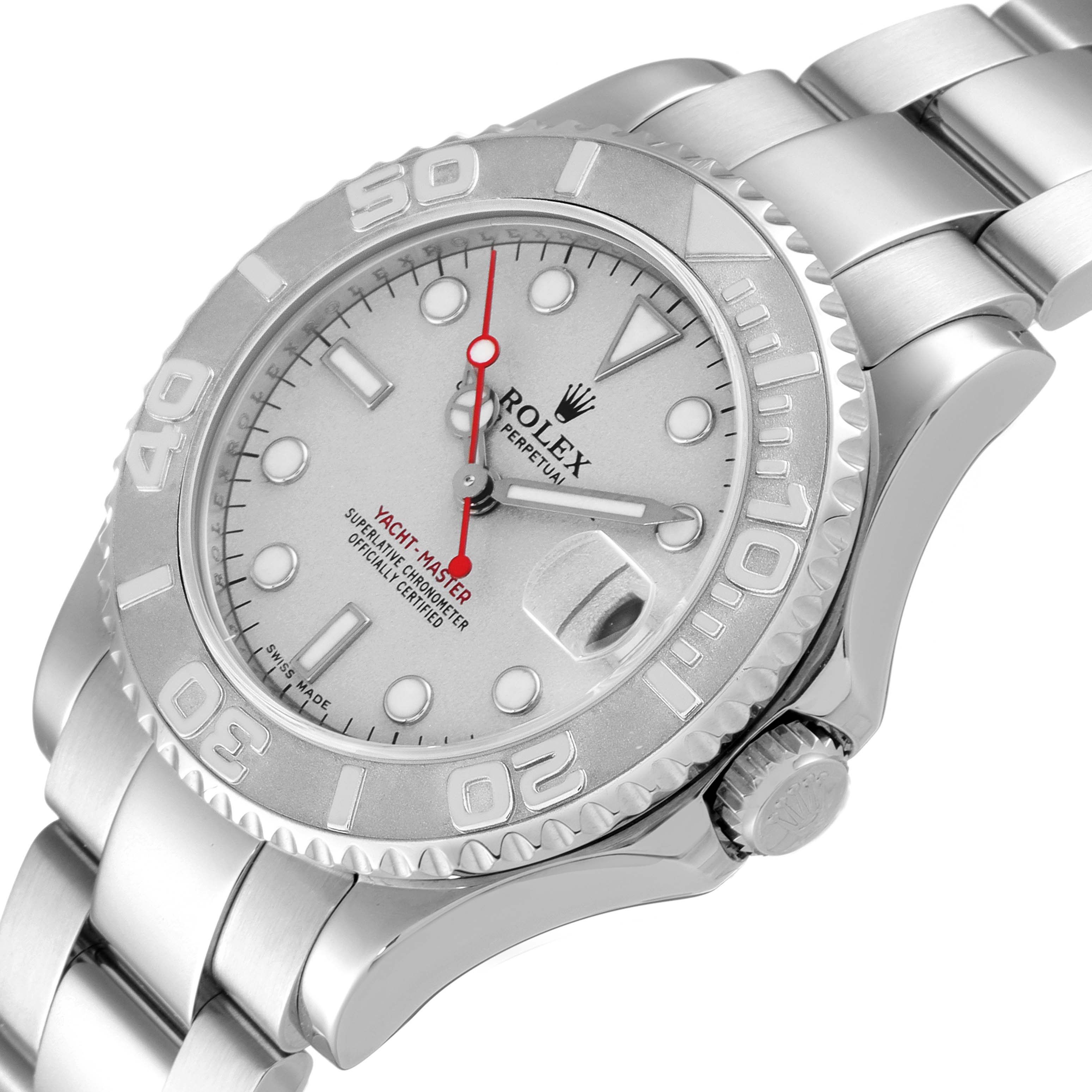 The Rolex Yacht-Master 168622 Men's Stainless Steel Silver Dial 168622 Men's Stainless Steel Silver Dial watch is shown at a slight angle, highlighting the dial, bezel, and part of the bracelet.