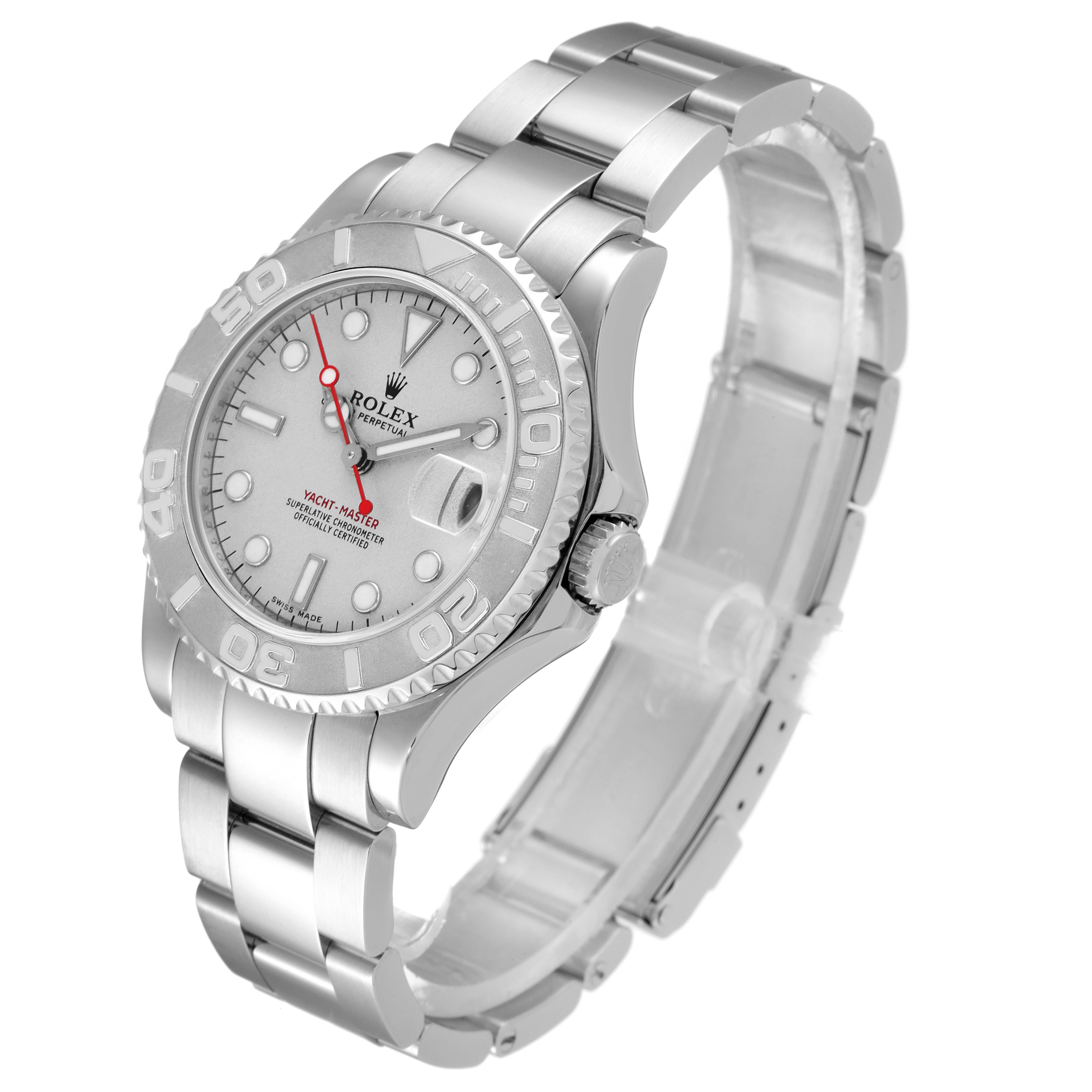 The Rolex Yacht-Master 168622 Men's Stainless Steel Silver Dial 168622 Men's Stainless Steel Silver Dial watch is shown from an angled front view, highlighting its bezel, dial, crown, and bracelet.