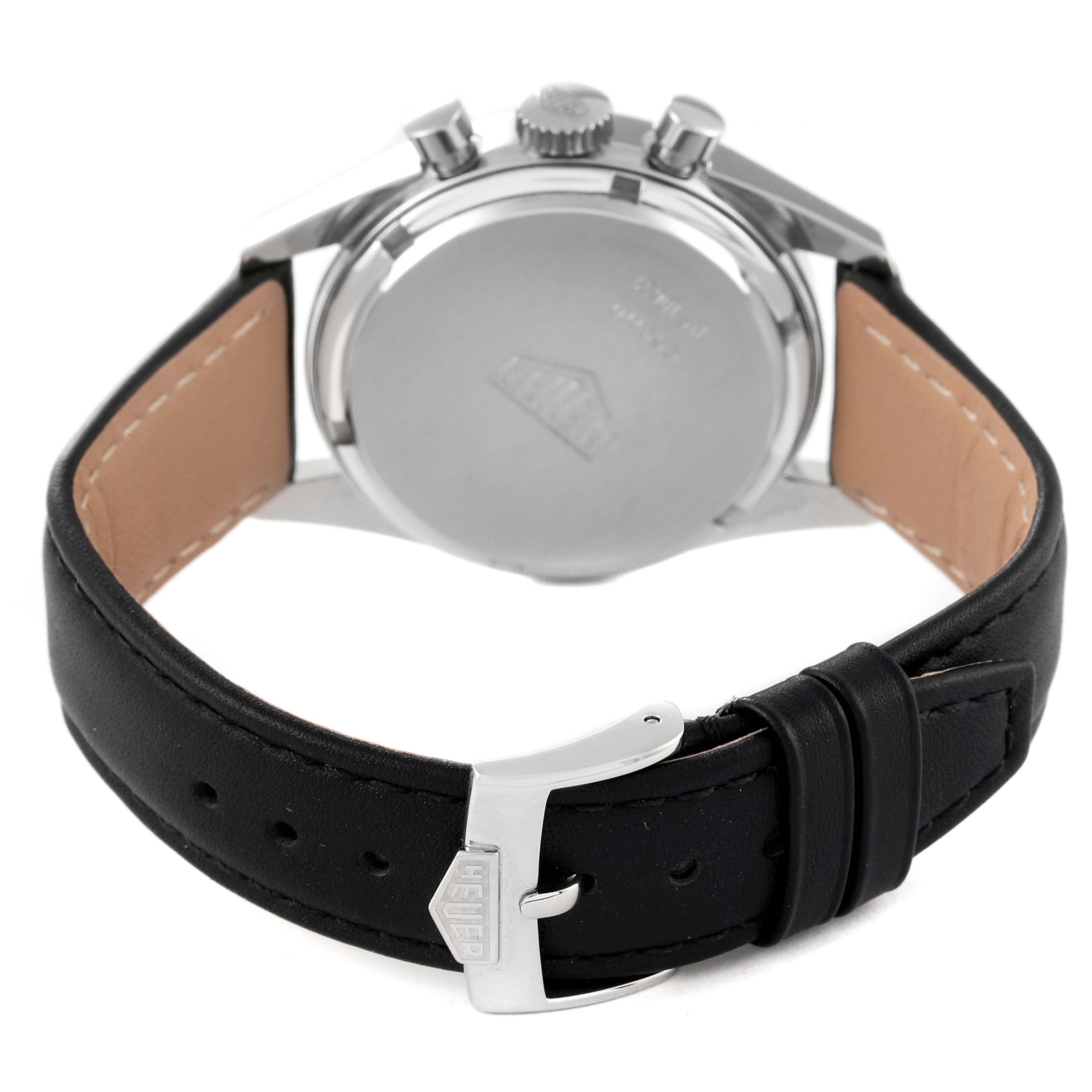 The image shows the back view of a Tag Heuer Carrera CS3110 Men's Stainless Steel Silver Dial CS3110 Men's Stainless Steel Silver Dial watch, highlighting the leather strap and buckle clasp.