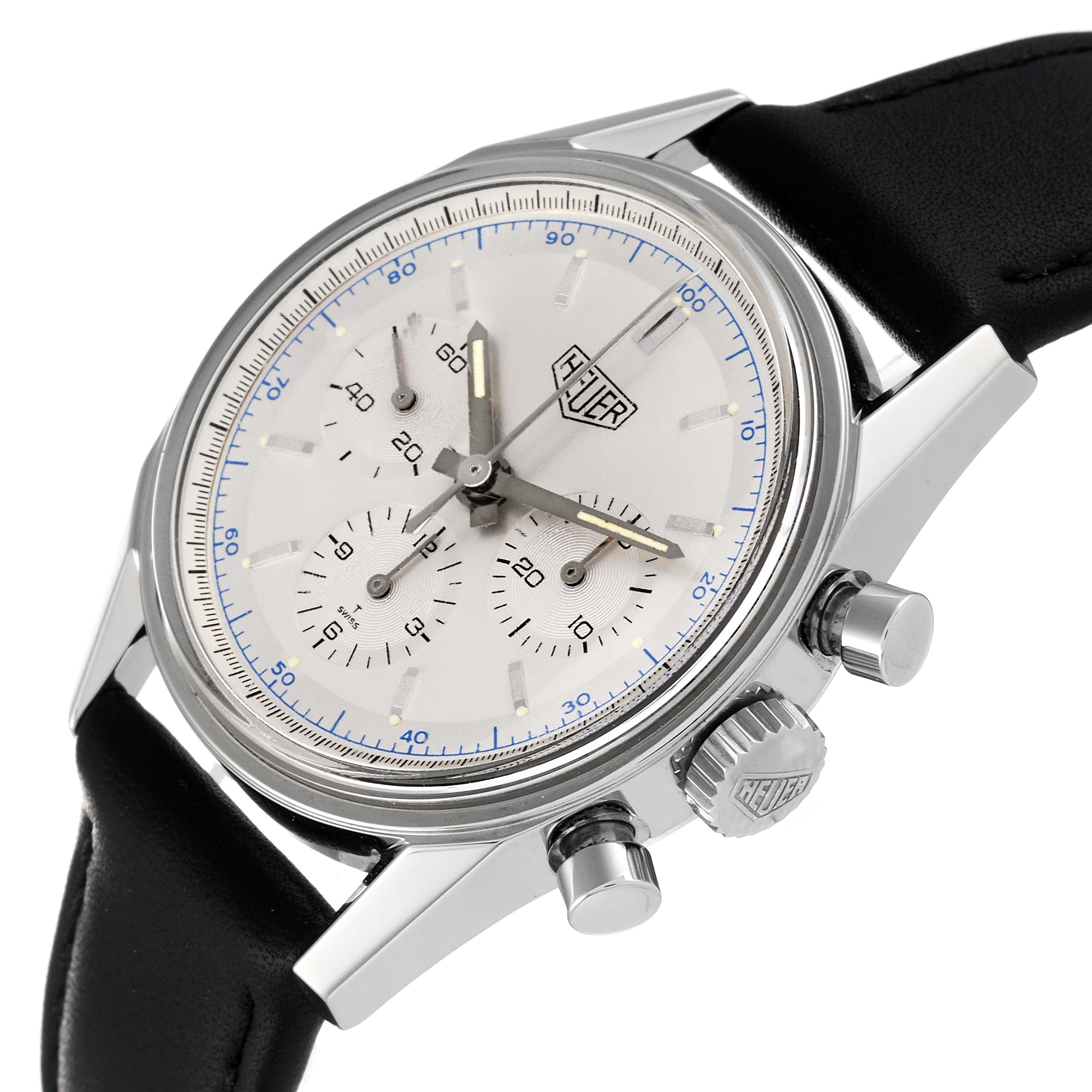 This image shows a Tag Heuer Carrera CS3110 Men's Stainless Steel Silver Dial CS3110 Men's Stainless Steel Silver Dial watch from a slightly angled view, highlighting the face, crown, and pushers.