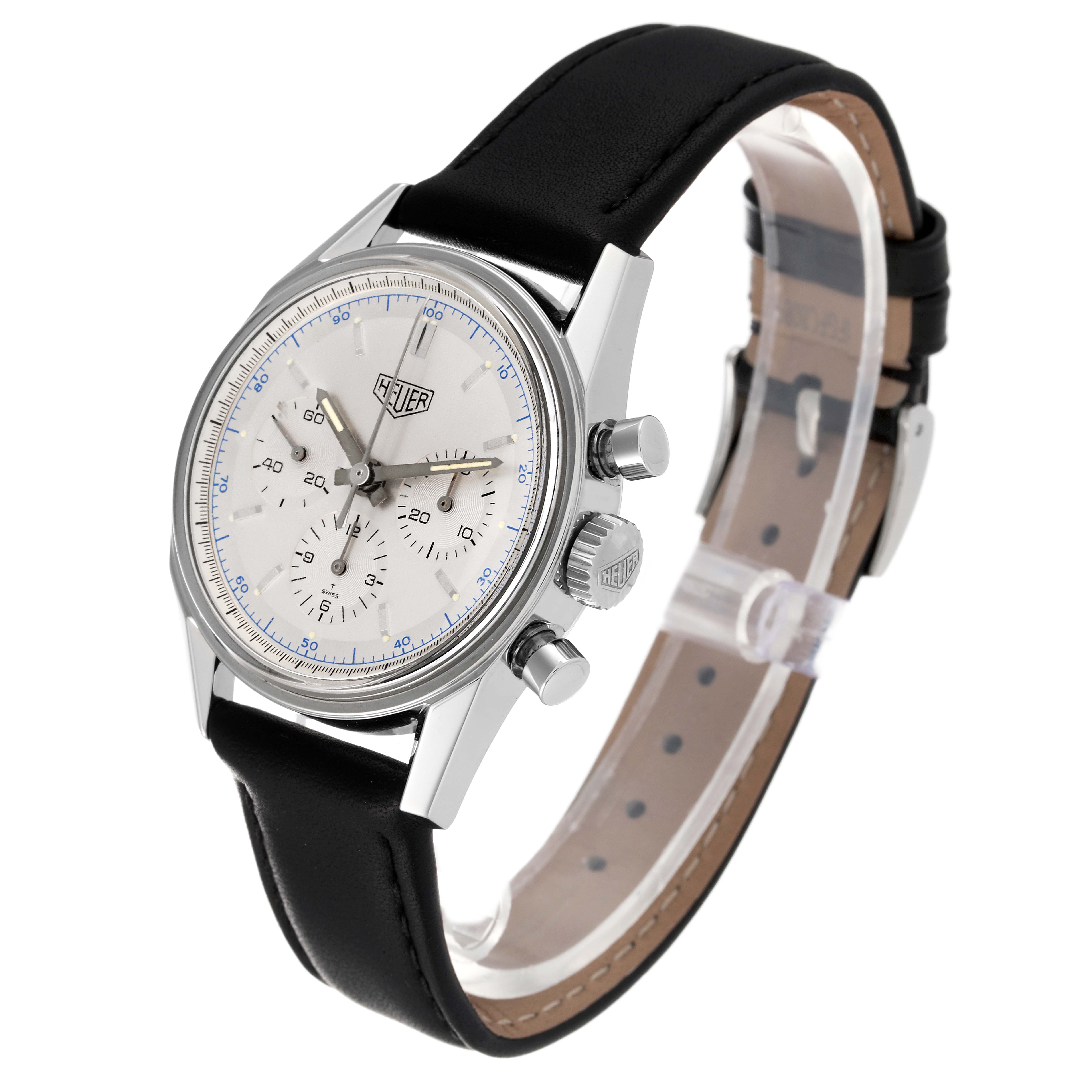 This image shows a side view of a Tag Heuer Carrera CS3110 Men's Stainless Steel Silver Dial CS3110 Men's Stainless Steel Silver Dial watch with a black strap, silver case, and multiple dials.