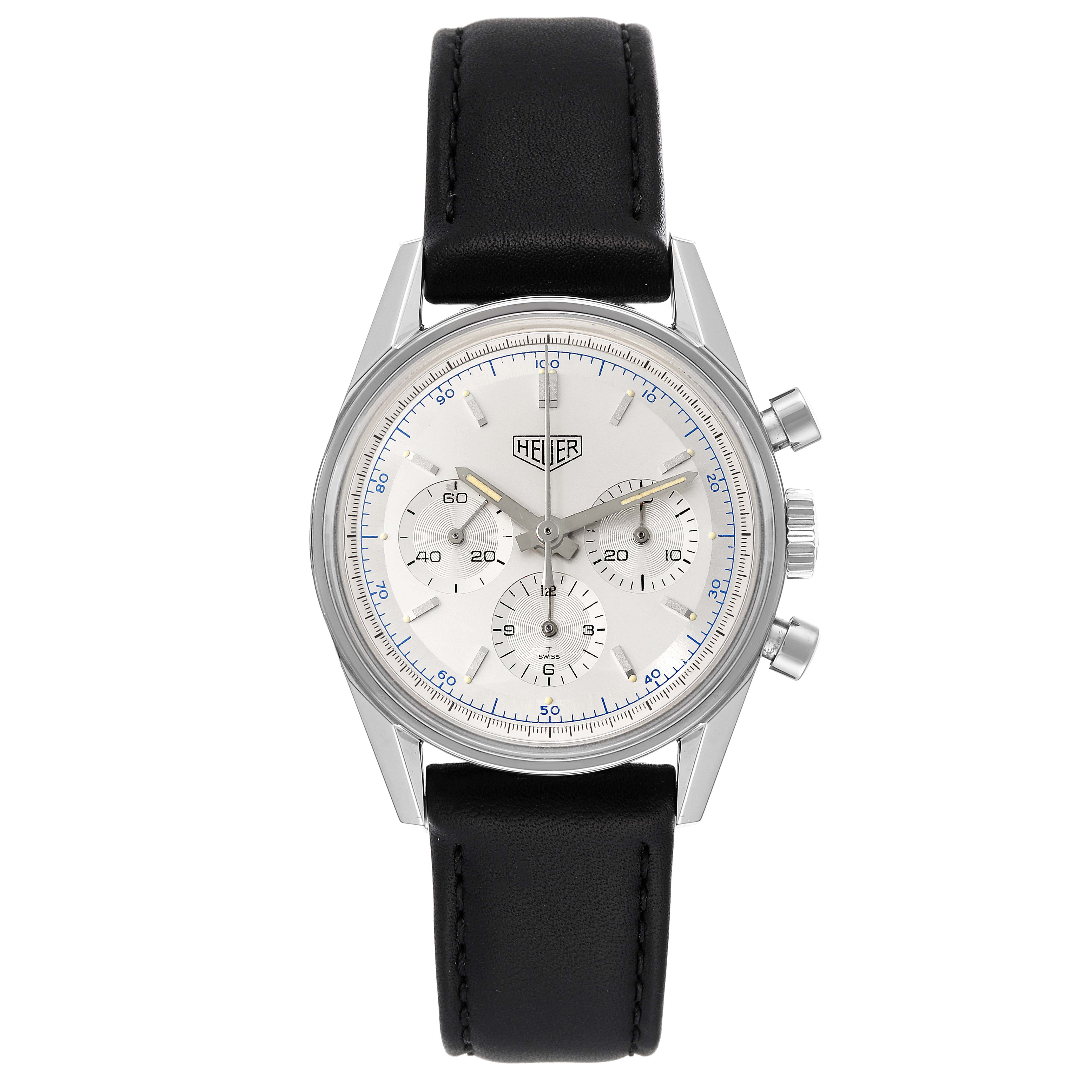 The image shows a front view of the Tag Heuer Carrera CS3110 Men's Stainless Steel Silver Dial CS3110 Men's Stainless Steel Silver Dial watch, displaying its dial, chronograph subdials, and black leather strap.