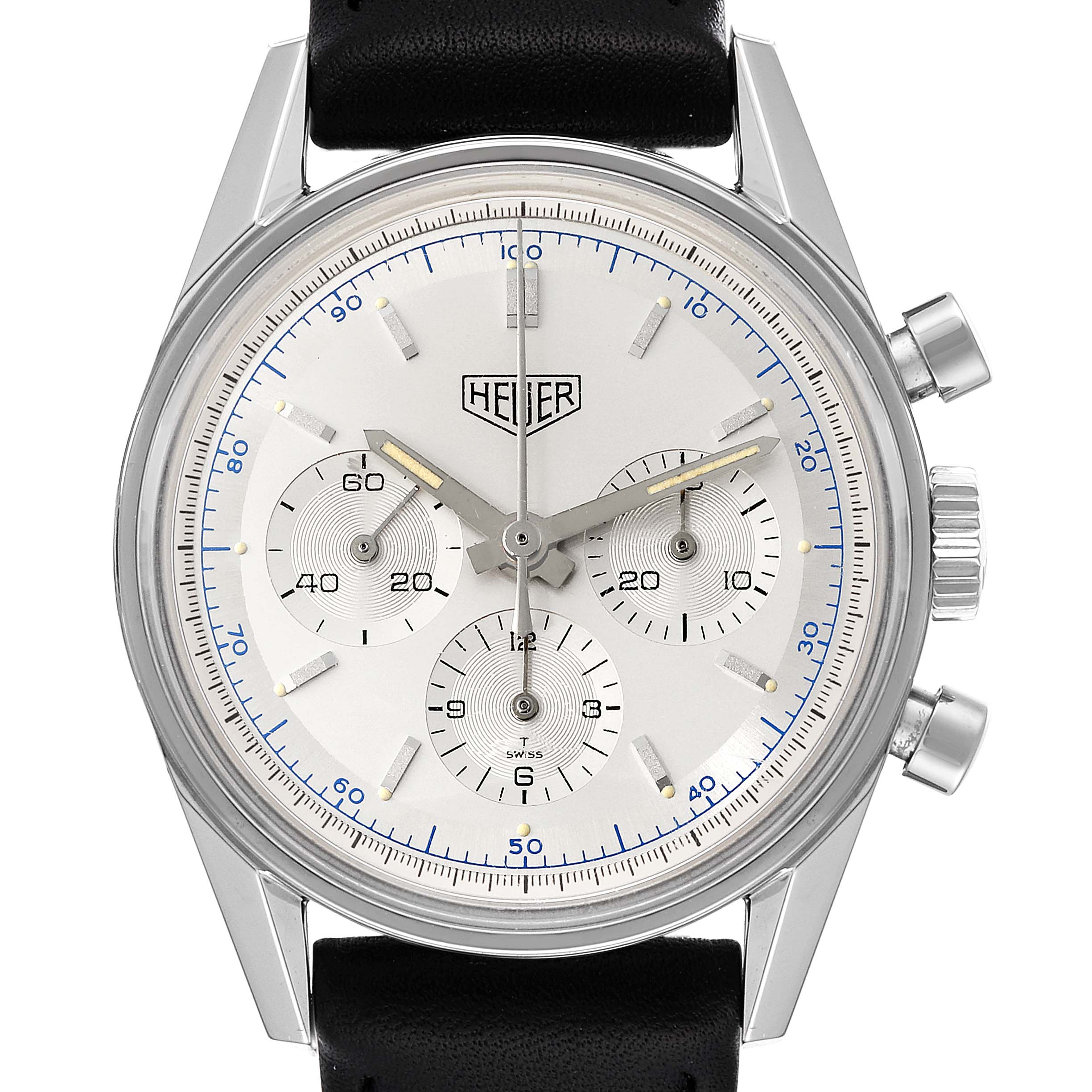 This Tag Heuer Carrera CS3110 Men's Stainless Steel Silver Dial CS3110 Men's Stainless Steel Silver Dial watch is shown from the front, displaying the dial, sub-dials, hands, case, crown, and pushers.