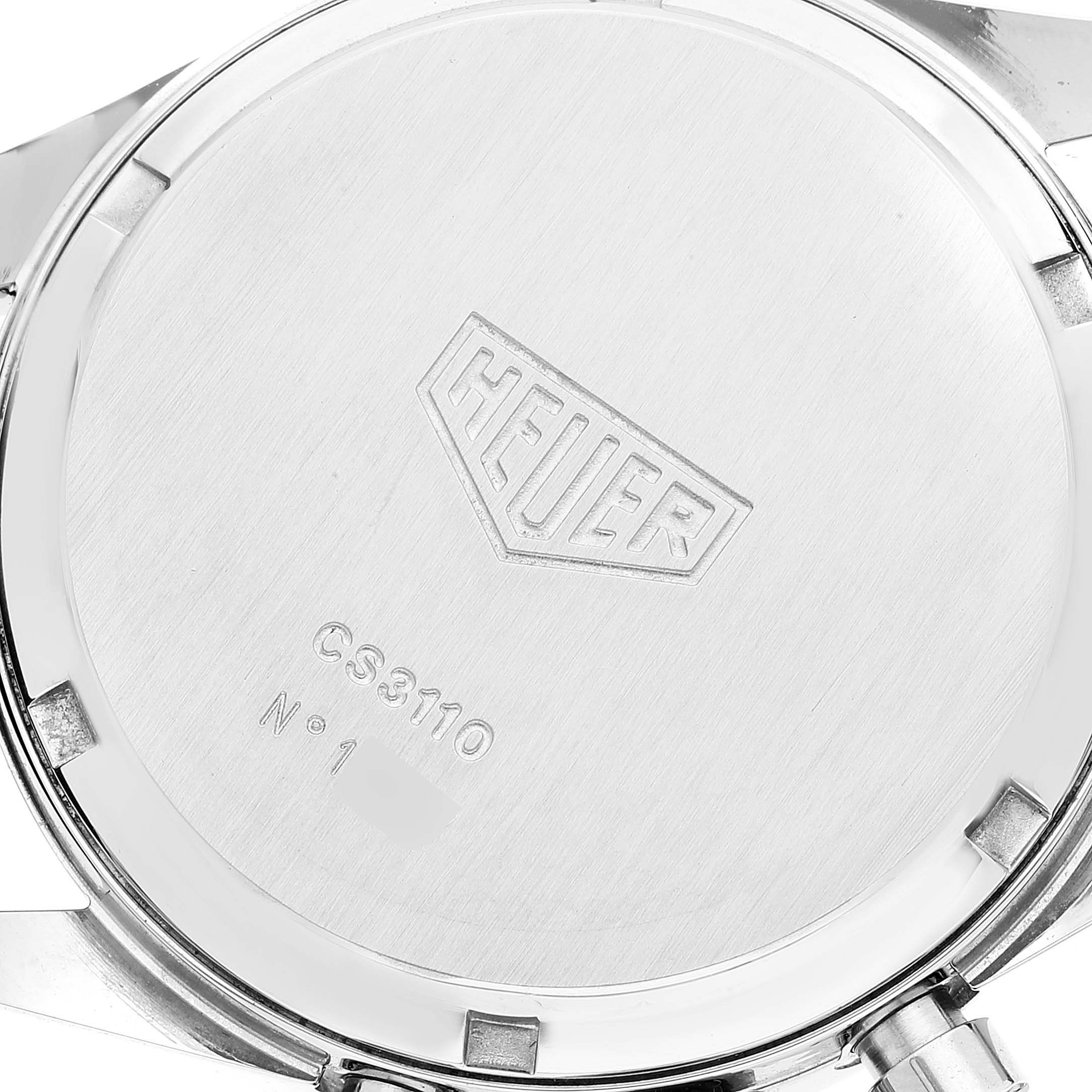 This image shows the back case of a Tag Heuer Carrera CS3110 Men's Stainless Steel Silver Dial CS3110 Men's Stainless Steel Silver Dial model watch with engraved details including "HEUER" and "CS3110."