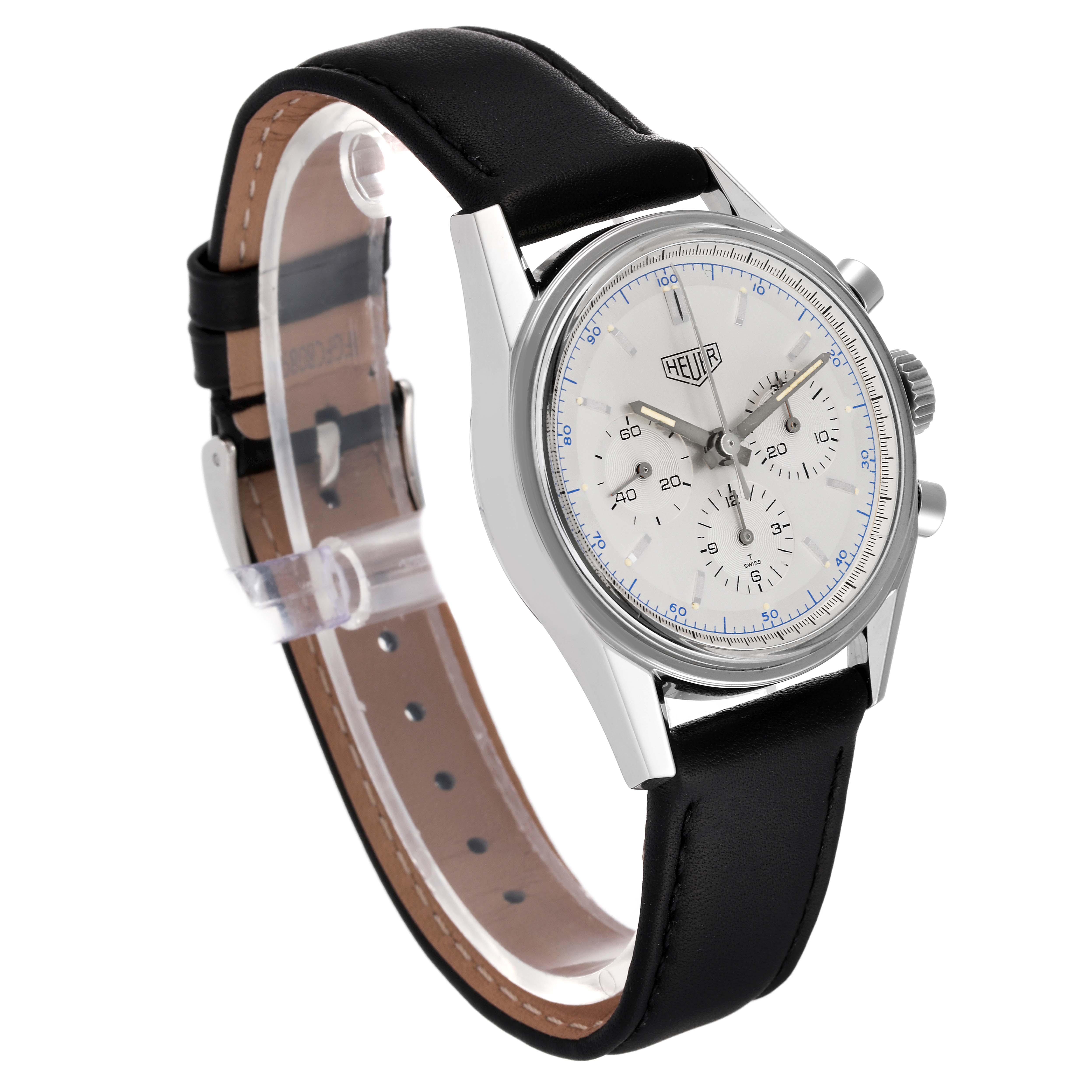 The image shows the Tag Heuer Carrera CS3110 Men's Stainless Steel Silver Dial CS3110 Men's Stainless Steel Silver Dial watch at an angle highlighting the face, case, and black leather strap.