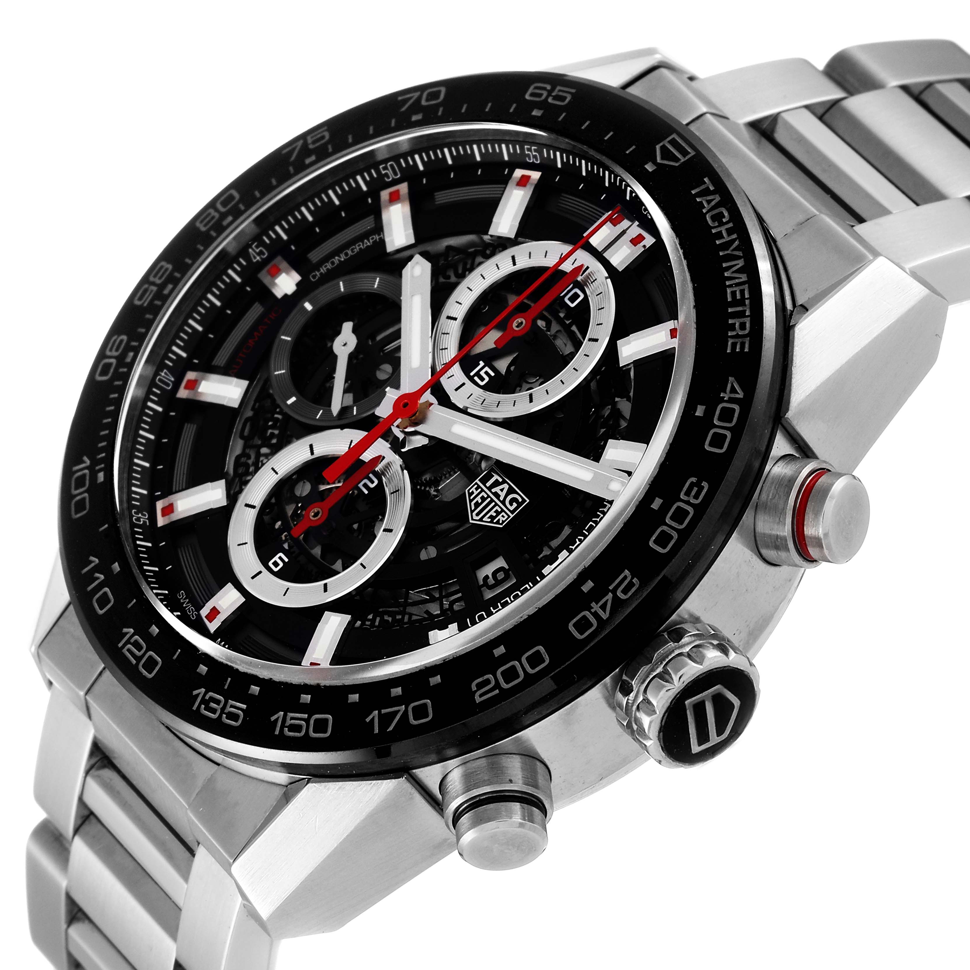The image shows a Tag Heuer Carrera CAR201V.BA0714 Men's Stainless Steel Black Dial CAR201V.BA0714 Men's Stainless Steel Black Dial watch at a three-quarter angle featuring its tachymeter bezel, chronograph subdials, and stainless steel bracelet.