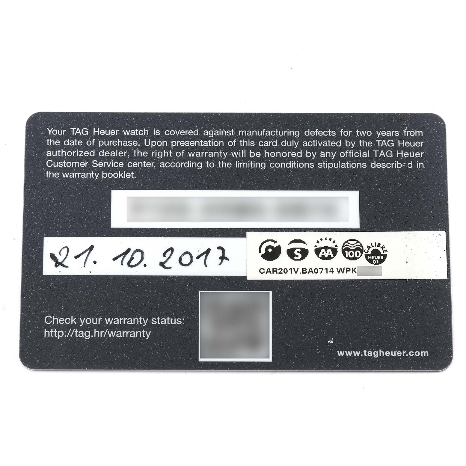 This image shows the warranty card for the Tag Heuer Carrera CAR201V.BA0714 Men's Stainless Steel Black Dial CAR201V.BA0714 Men's Stainless Steel Black Dial model watch. 