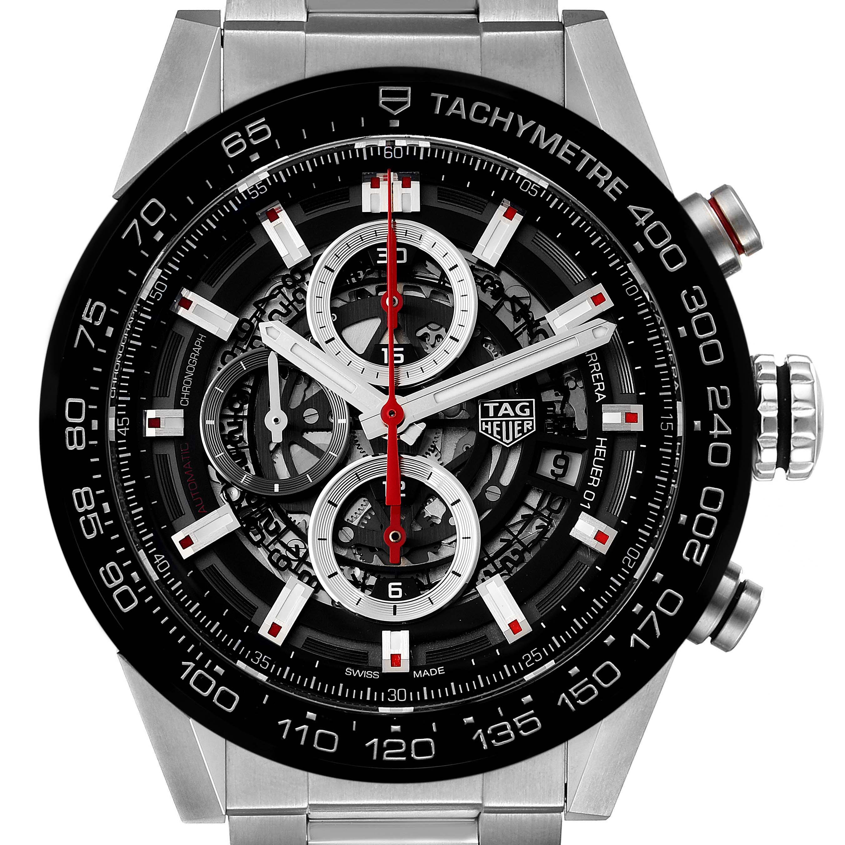 The image shows a front view of the Tag Heuer Carrera CAR201V.BA0714 Men's Stainless Steel Black Dial CAR201V.BA0714 Men's Stainless Steel Black Dial watch, highlighting the dial, tachymeter bezel, and chronograph subdials.