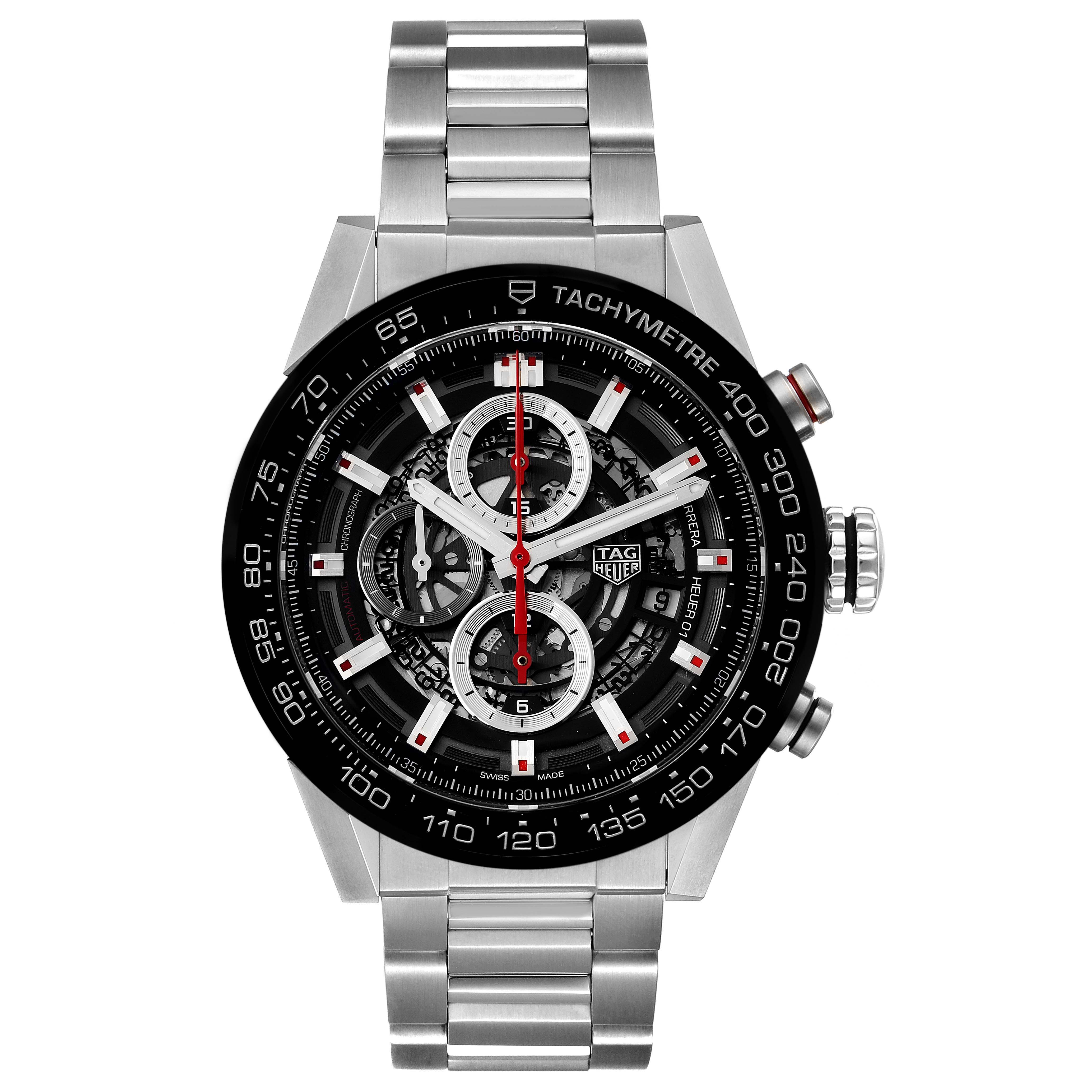 This image shows a front view of the Tag Heuer Carrera CAR201V.BA0714 Men's Stainless Steel Black Dial CAR201V.BA0714 Men's Stainless Steel Black Dial model watch, highlighting its bezel, dial, subdials, and metal bracelet.