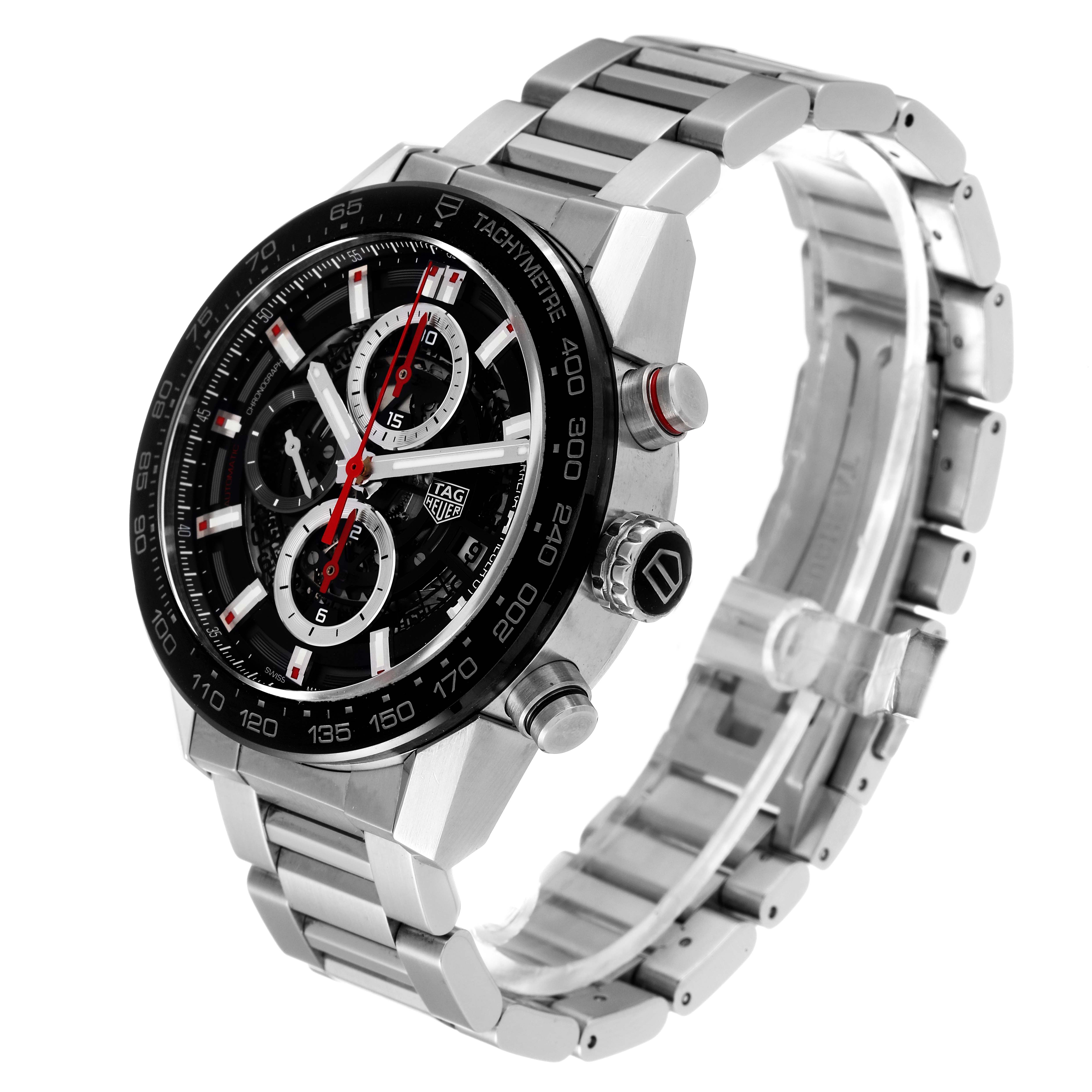 The image shows a side angle of the Carrera model by Tag Heuer, highlighting the dial, bezel, and stainless steel bracelet.