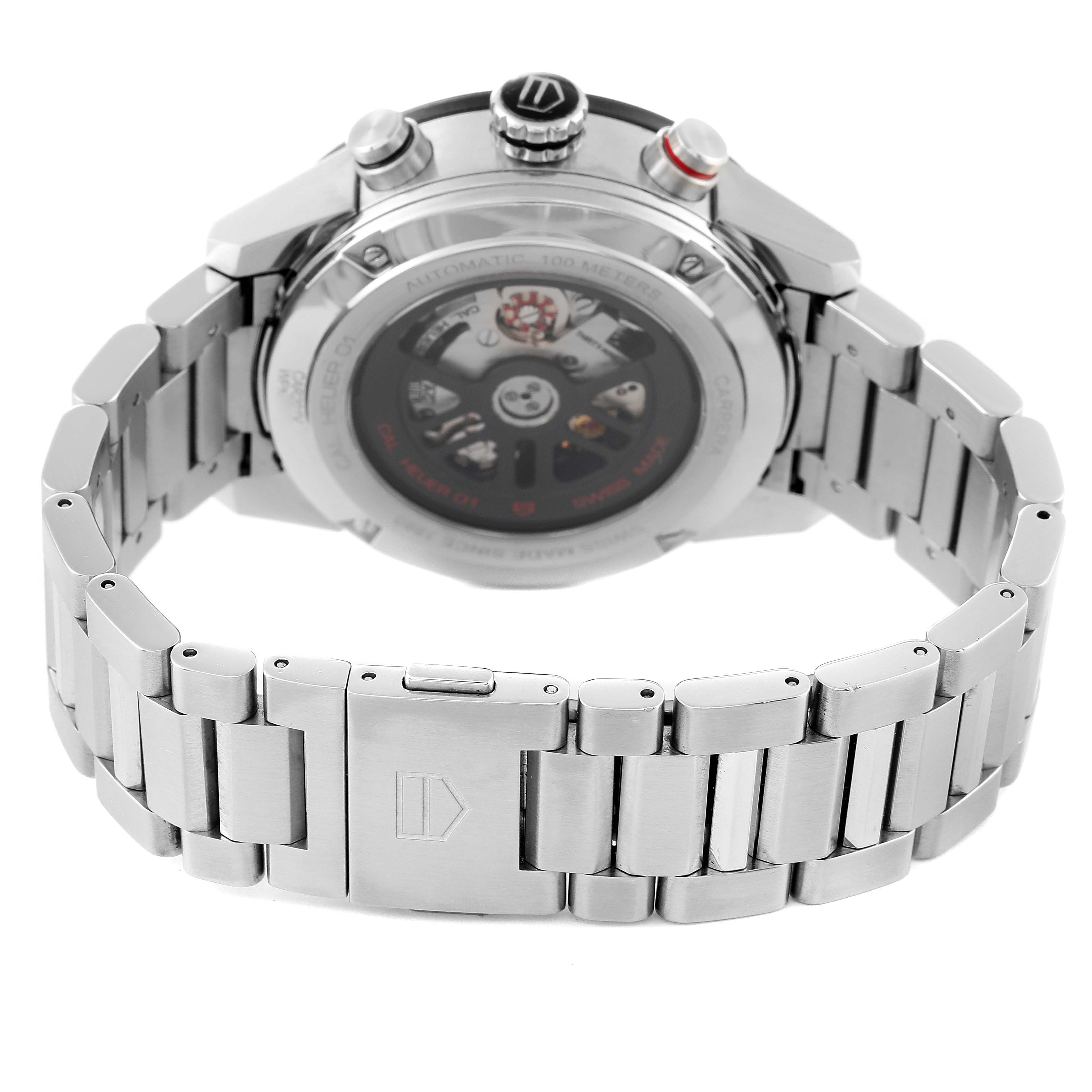 The image shows the back view and the bracelet of a Tag Heuer Carrera CAR201V.BA0714 Men's Stainless Steel Black Dial CAR201V.BA0714 Men's Stainless Steel Black Dial watch, highlighting the case back and clasp.