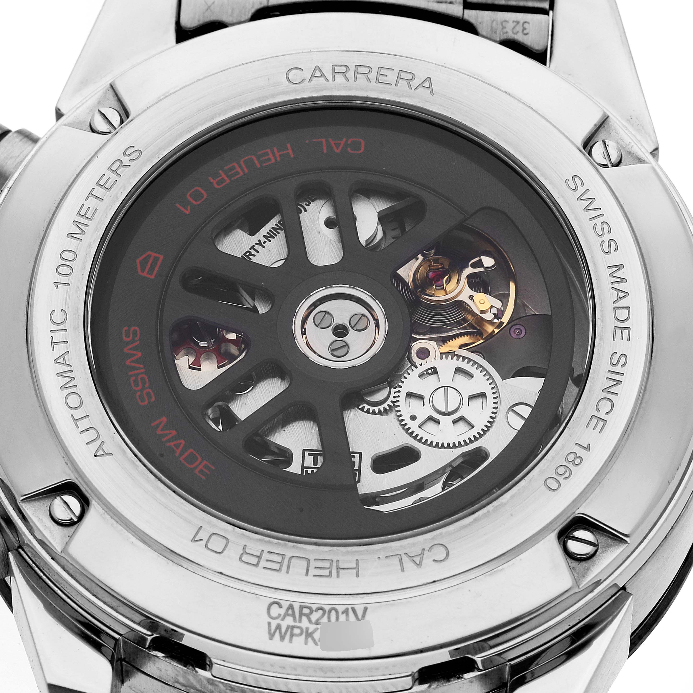 This image shows the back of a Tag Heuer Carrera CAR201V.BA0714 Men's Stainless Steel Black Dial CAR201V.BA0714 Men's Stainless Steel Black Dial model watch, highlighting its automatic movement and inner mechanics.