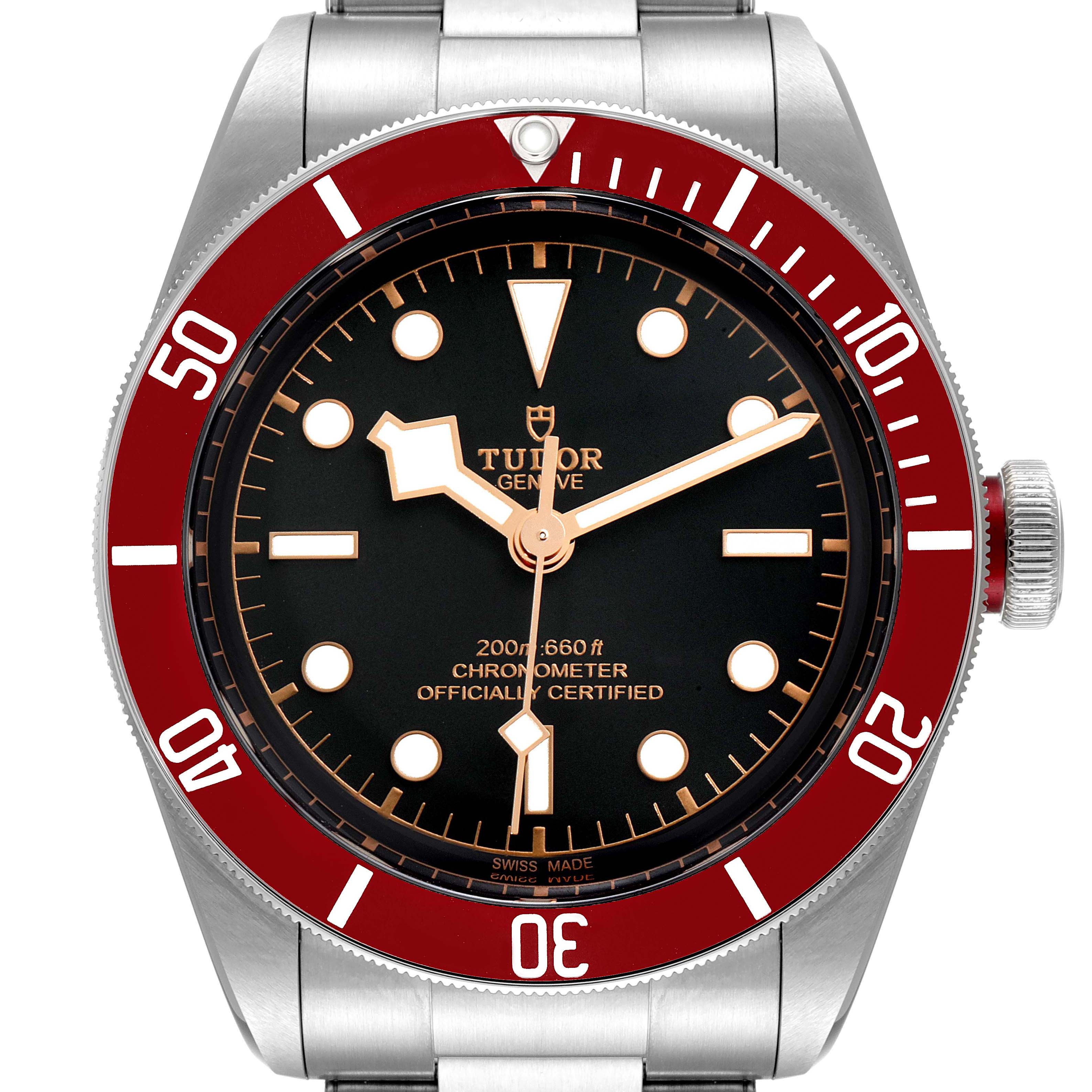The image shows a front view of the Tudor Heritage Black Bay M79230R-0012 Men's Stainless Steel Black Dial M79230R-0012 Men's Stainless Steel Black Dial watch, highlighting the bezel, dial, and part of the bracelet.