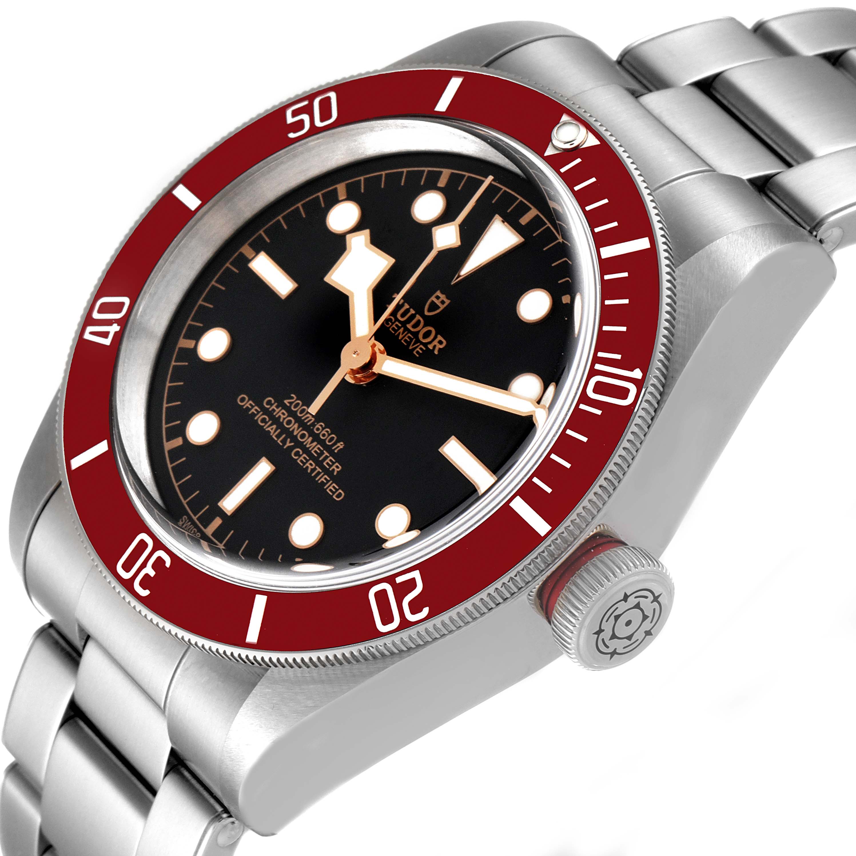 The image shows a close-up angled view of the Tudor Heritage Black Bay M79230R-0012 Men's Stainless Steel Black Dial M79230R-0012 Men's Stainless Steel Black Dial watch, highlighting its face, bezel, and crown.