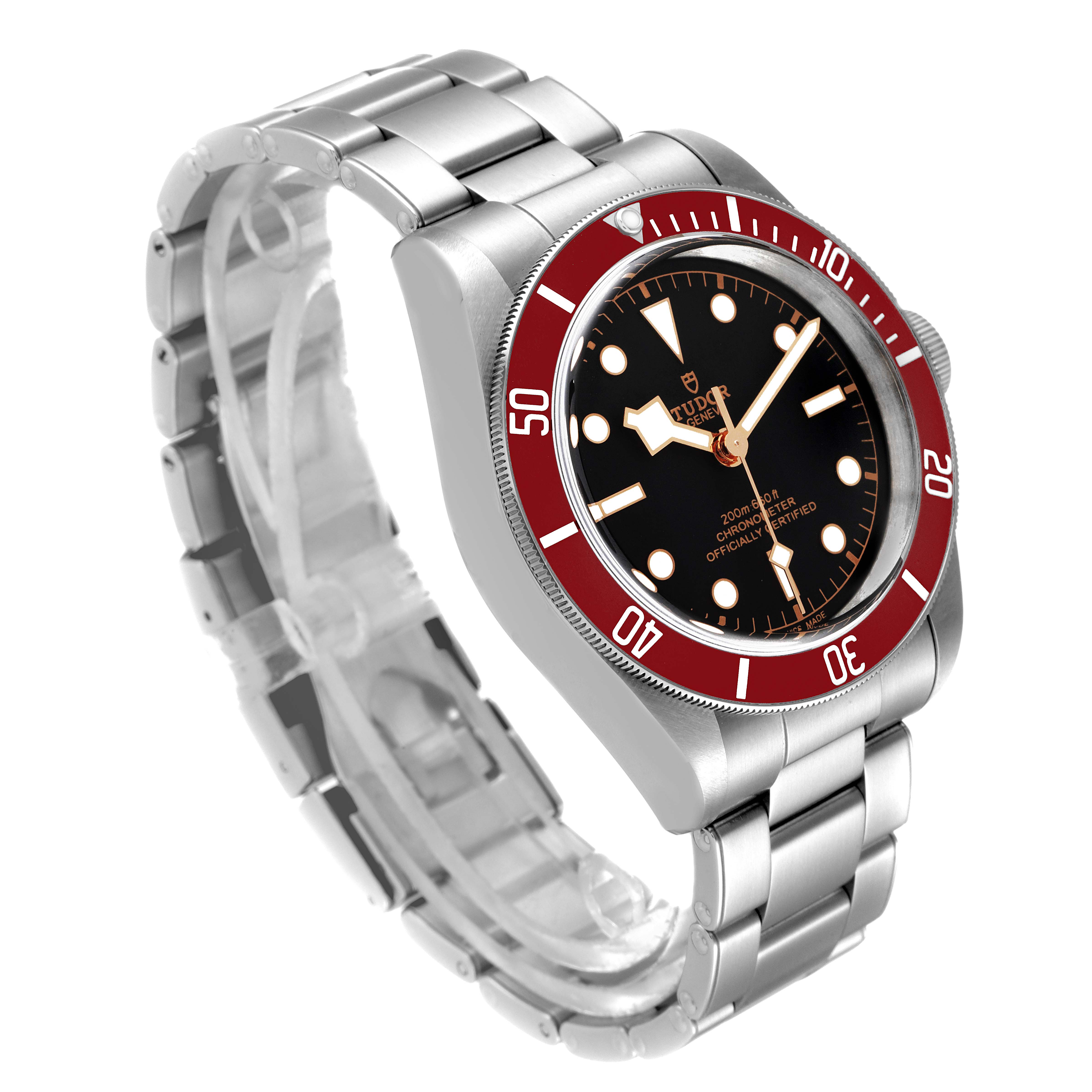 This image shows a Tudor Heritage Black Bay M79230R-0012 Men's Stainless Steel Black Dial M79230R-0012 Men's Stainless Steel Black Dial watch at a three-quarter angle, showcasing its dial, bezel, and stainless steel bracelet.