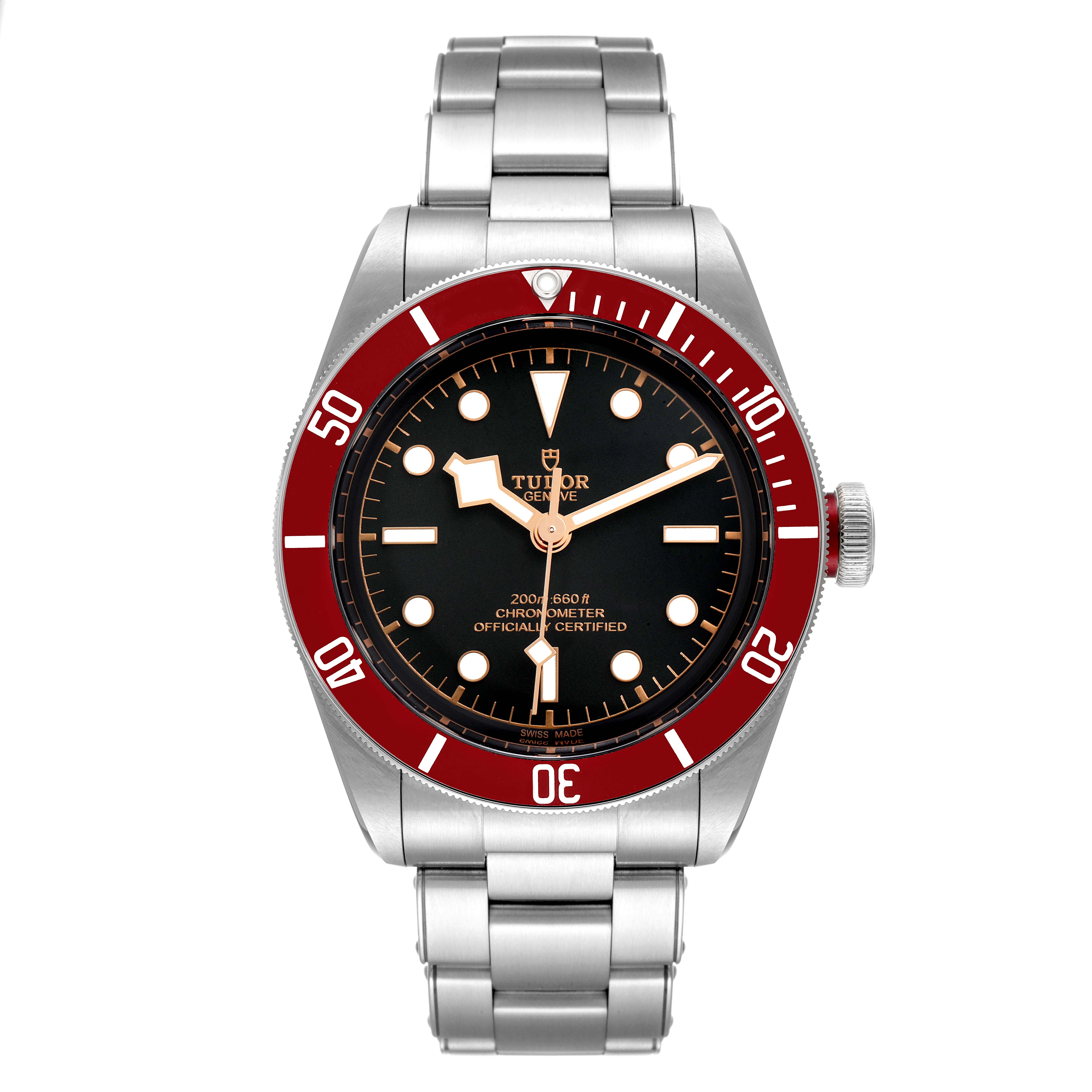 The image shows a front view of the Tudor Heritage Black Bay M79230R-0012 Men's Stainless Steel Black Dial M79230R-0012 Men's Stainless Steel Black Dial watch, displaying its dial, bezel, crown, and stainless steel bracelet.