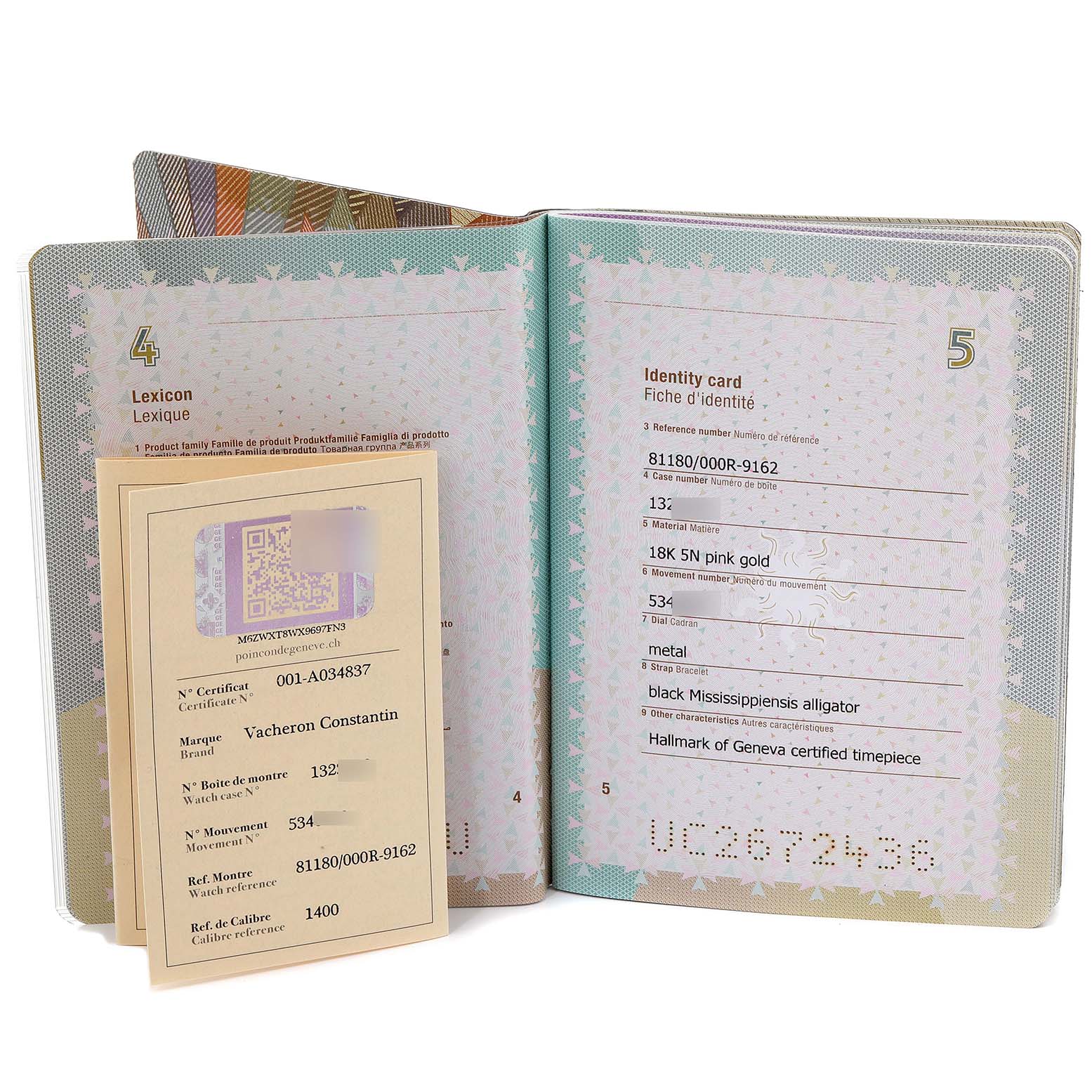 The image shows the certification and identity documents for the Vacheron Constantin Patrimony 81180R/000R-9162 Men's Rose Gold Grey Dial 81180R/000R-9162 Men's Rose Gold Grey Dial watch.