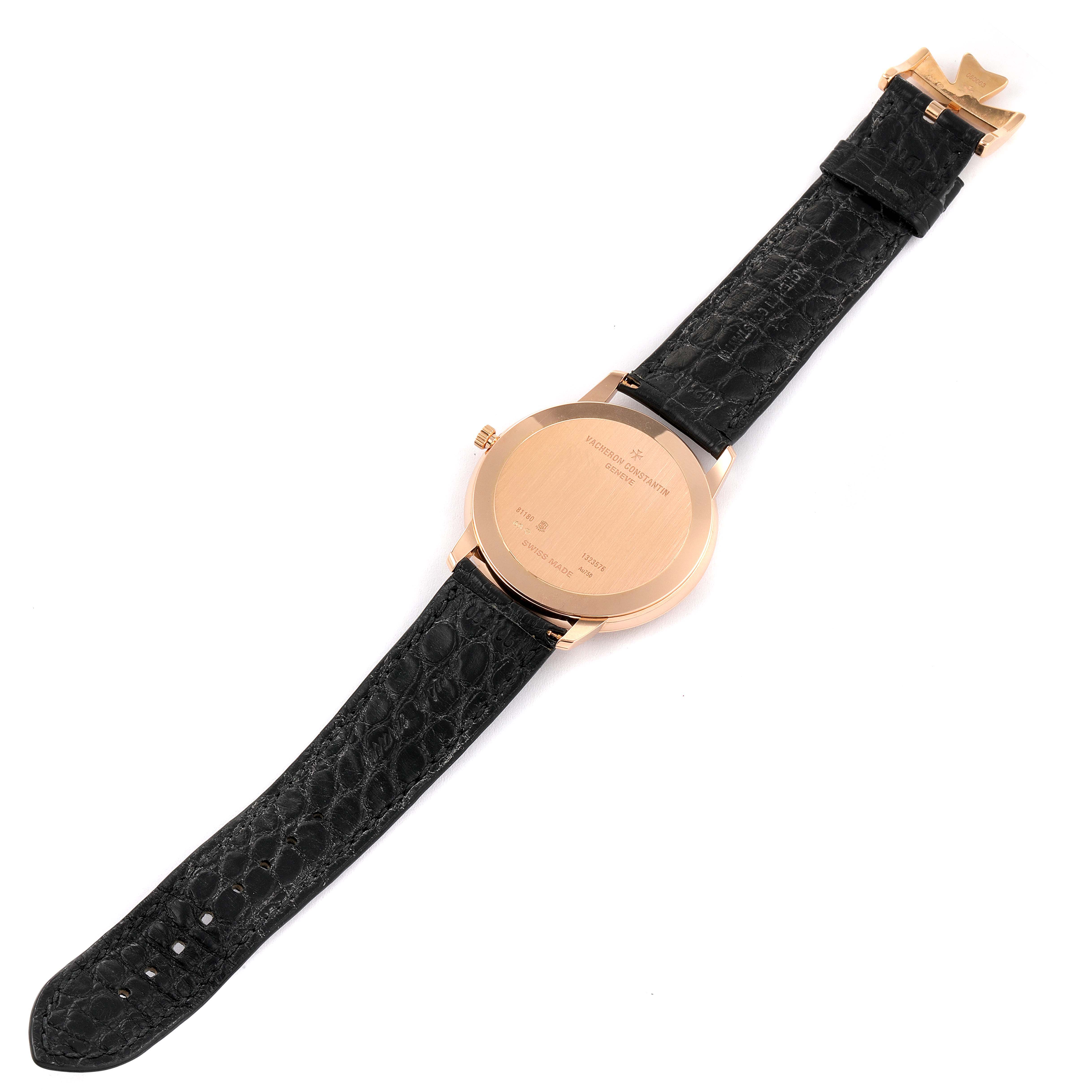 The Vacheron Constantin Patrimony 81180R/000R-9162 Men's Rose Gold Grey Dial 81180R/000R-9162 Men's Rose Gold Grey Dial watch is shown from the back, displaying its case back and black leather strap.