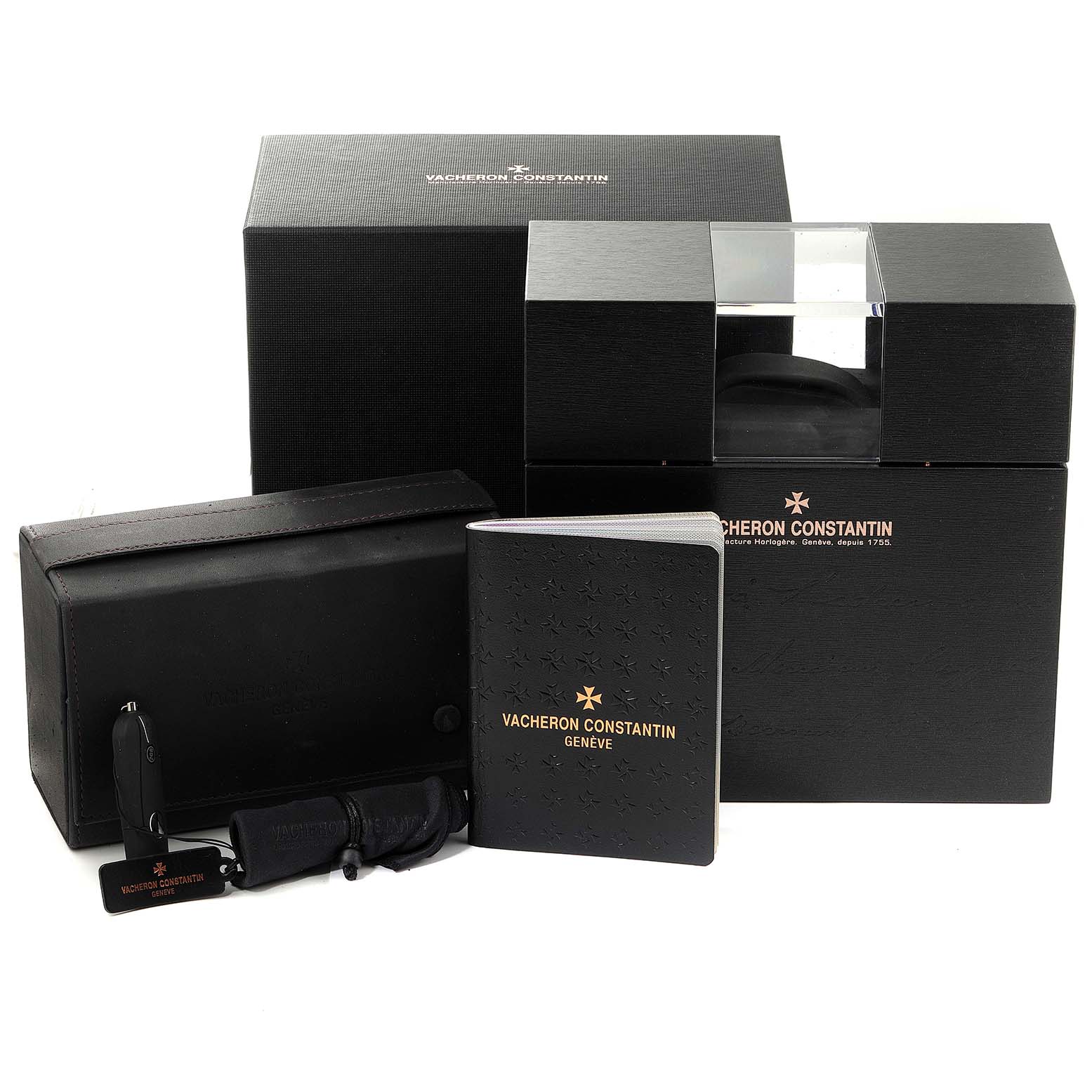 The image shows the box, carrying case, documentation, and accessories for a Vacheron Constantin Patrimony 81180R/000R-9162 Men's Rose Gold Grey Dial 81180R/000R-9162 Men's Rose Gold Grey Dial watch.