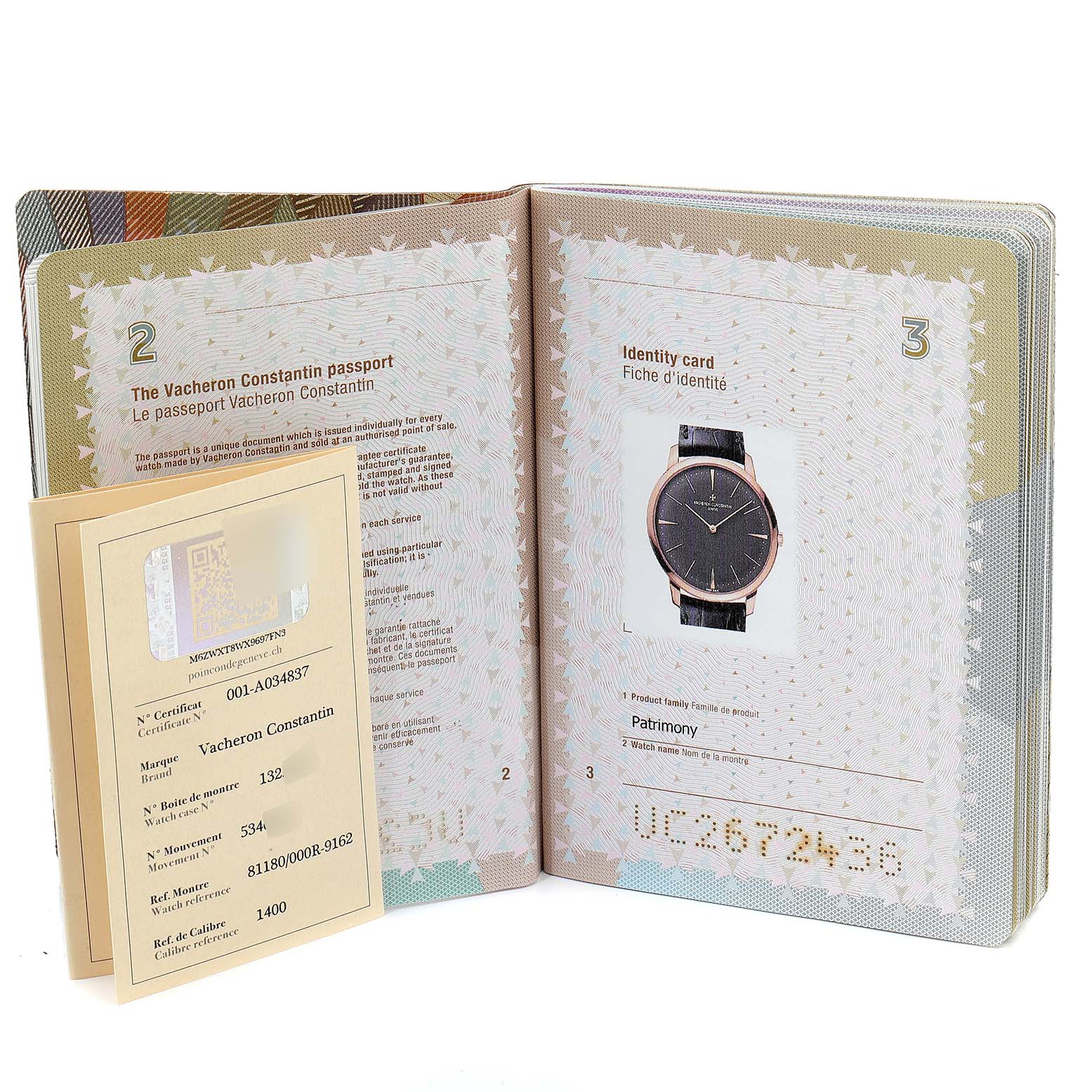 The image shows an identity and information card for a Vacheron Constantin Patrimony 81180R/000R-9162 Men's Rose Gold Grey Dial 81180R/000R-9162 Men's Rose Gold Grey Dial watch inside a booklet or passport.