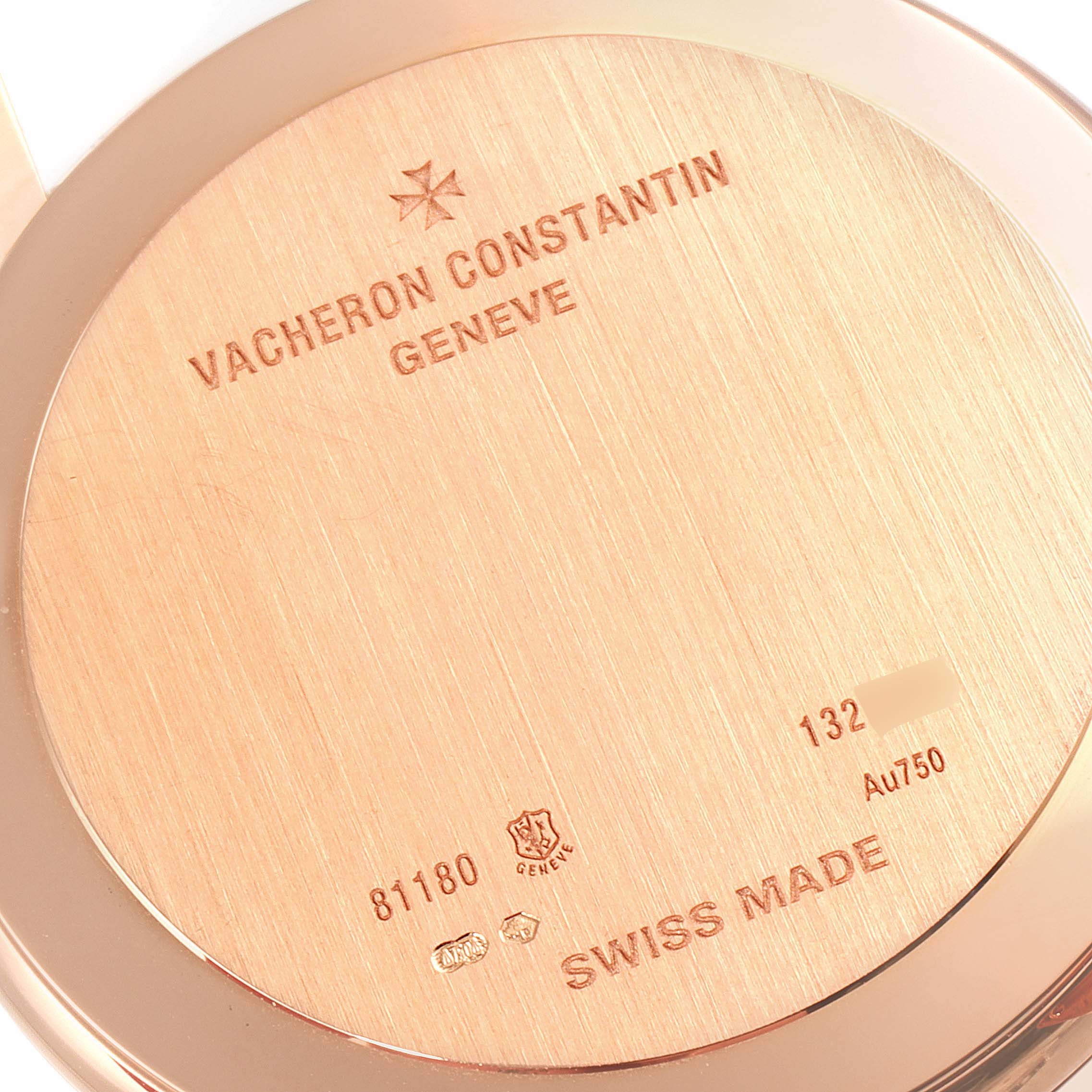 This image shows the engraved case back of a Vacheron Constantin Patrimony 81180R/000R-9162 Men's Rose Gold Grey Dial 81180R/000R-9162 Men's Rose Gold Grey Dial watch.