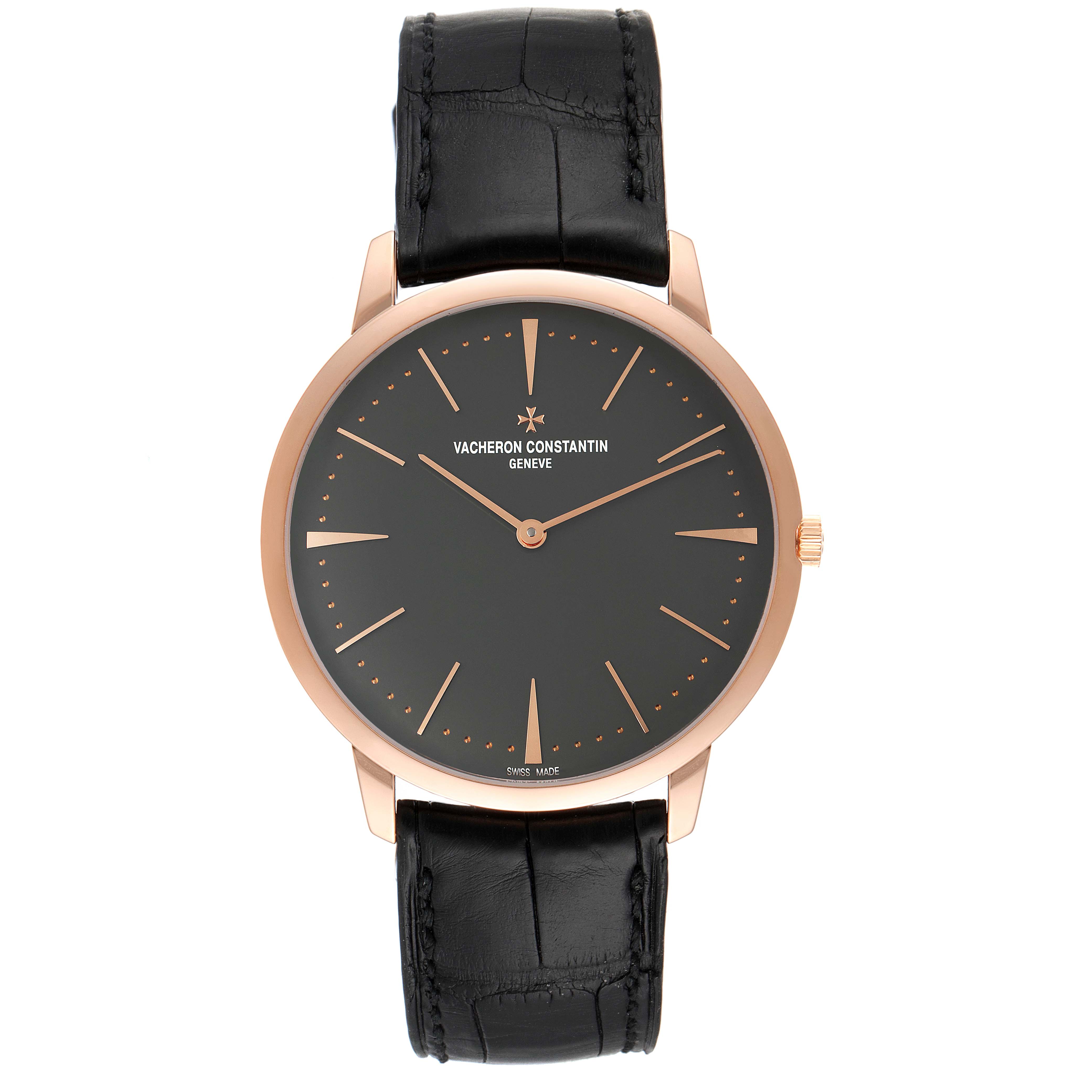 The image shows a front view of the Vacheron Constantin Patrimony 81180R/000R-9162 Men's Rose Gold Grey Dial 81180R/000R-9162 Men's Rose Gold Grey Dial watch, featuring a black dial and a black leather strap.