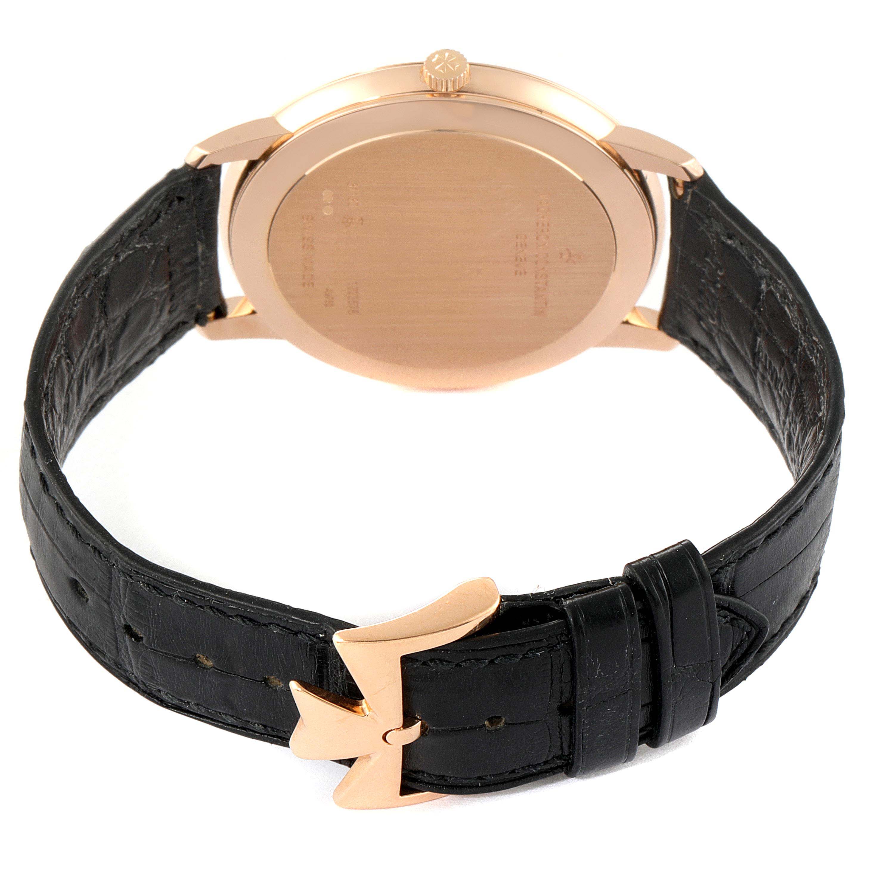 The image shows the back view of a Vacheron Constantin Patrimony 81180R/000R-9162 Men's Rose Gold Grey Dial 81180R/000R-9162 Men's Rose Gold Grey Dial watch, highlighting the case back, crown, and black leather strap with a distinctive buckle.