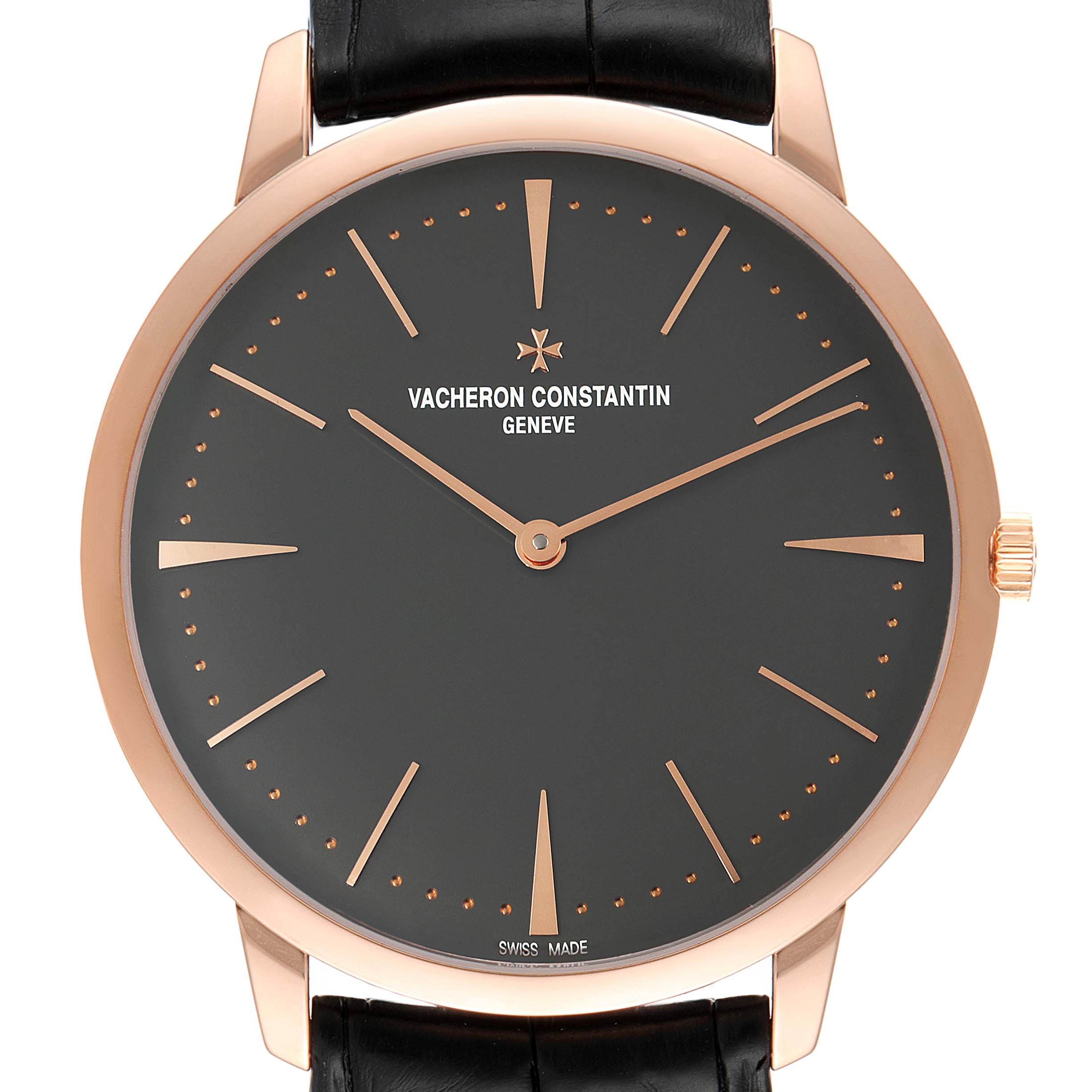 This image shows the front view of a Vacheron Constantin Patrimony 81180R/000R-9162 Men's Rose Gold Grey Dial 81180R/000R-9162 Men's Rose Gold Grey Dial watch, highlighting the dial, hands, and part of the strap.