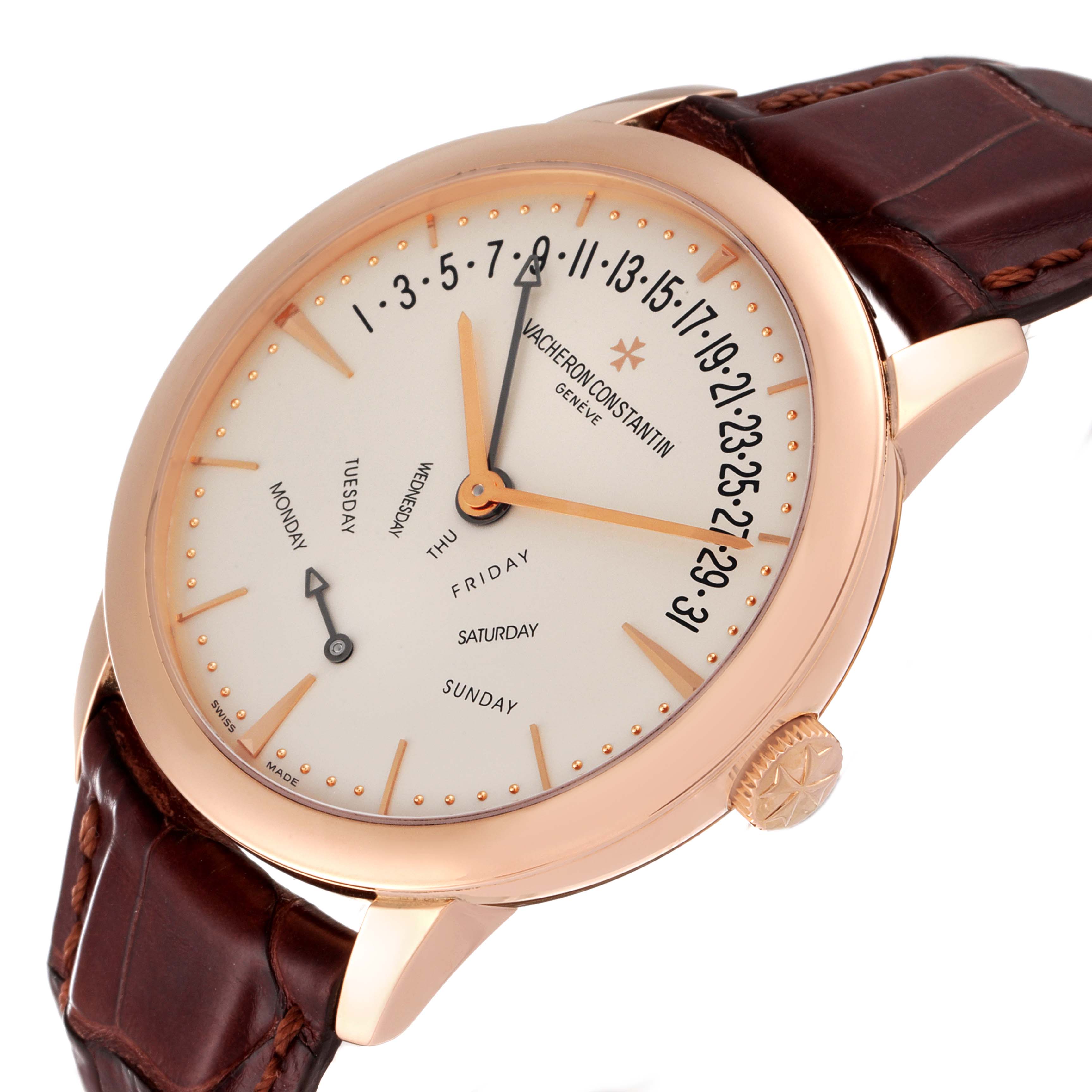 This image shows a Vacheron Constantin Patrimony 86020/000R-9239 Men's Rose Gold Silver Dial 86020/000R-9239 Men's Rose Gold Silver Dial watch at a three-quarter angle, highlighting its dial, day indicator, and crown.