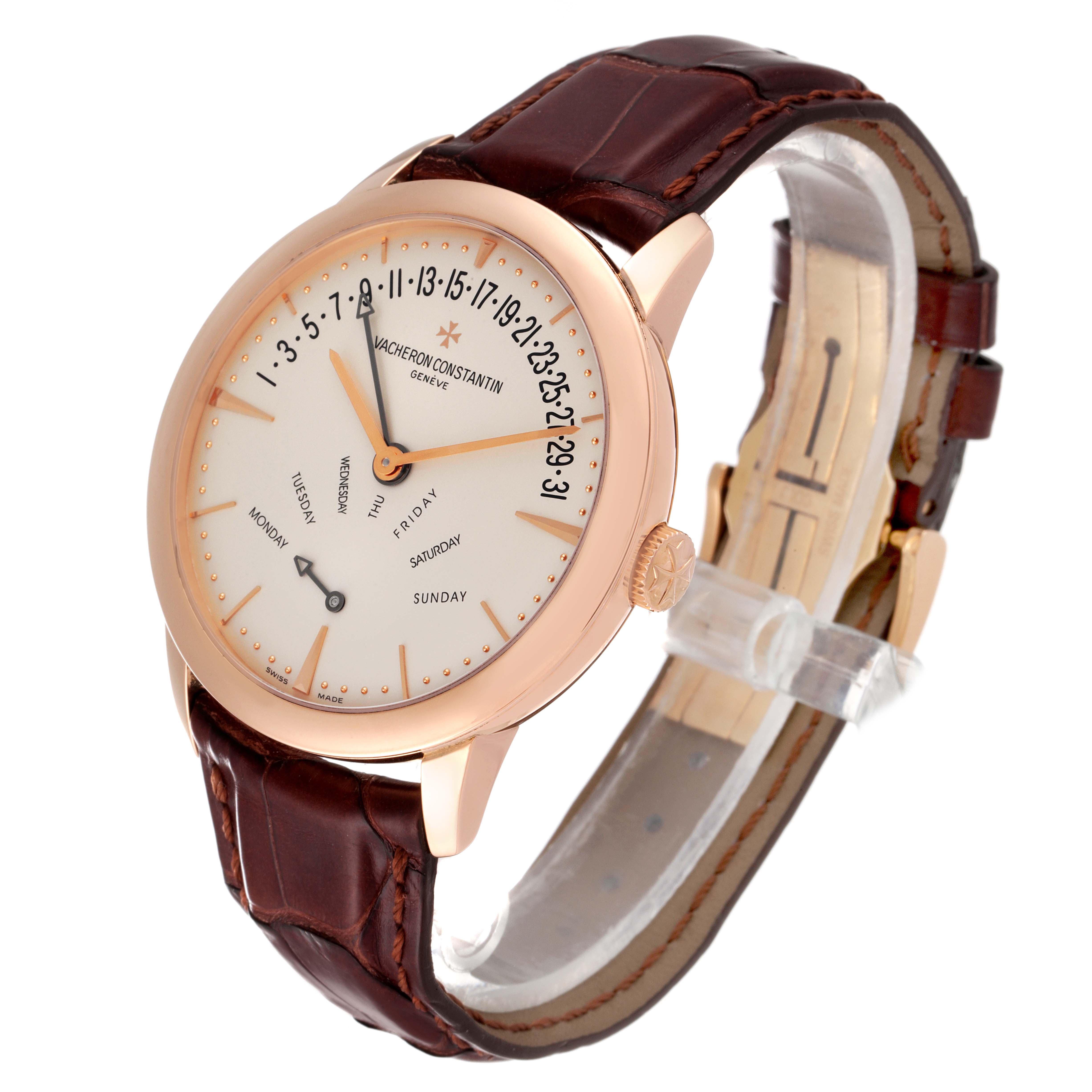 The image shows a Vacheron Constantin Patrimony 86020/000R-9239 Men's Rose Gold Silver Dial 86020/000R-9239 Men's Rose Gold Silver Dial watch at a slight angle, highlighting its dial, crown, and brown leather strap.