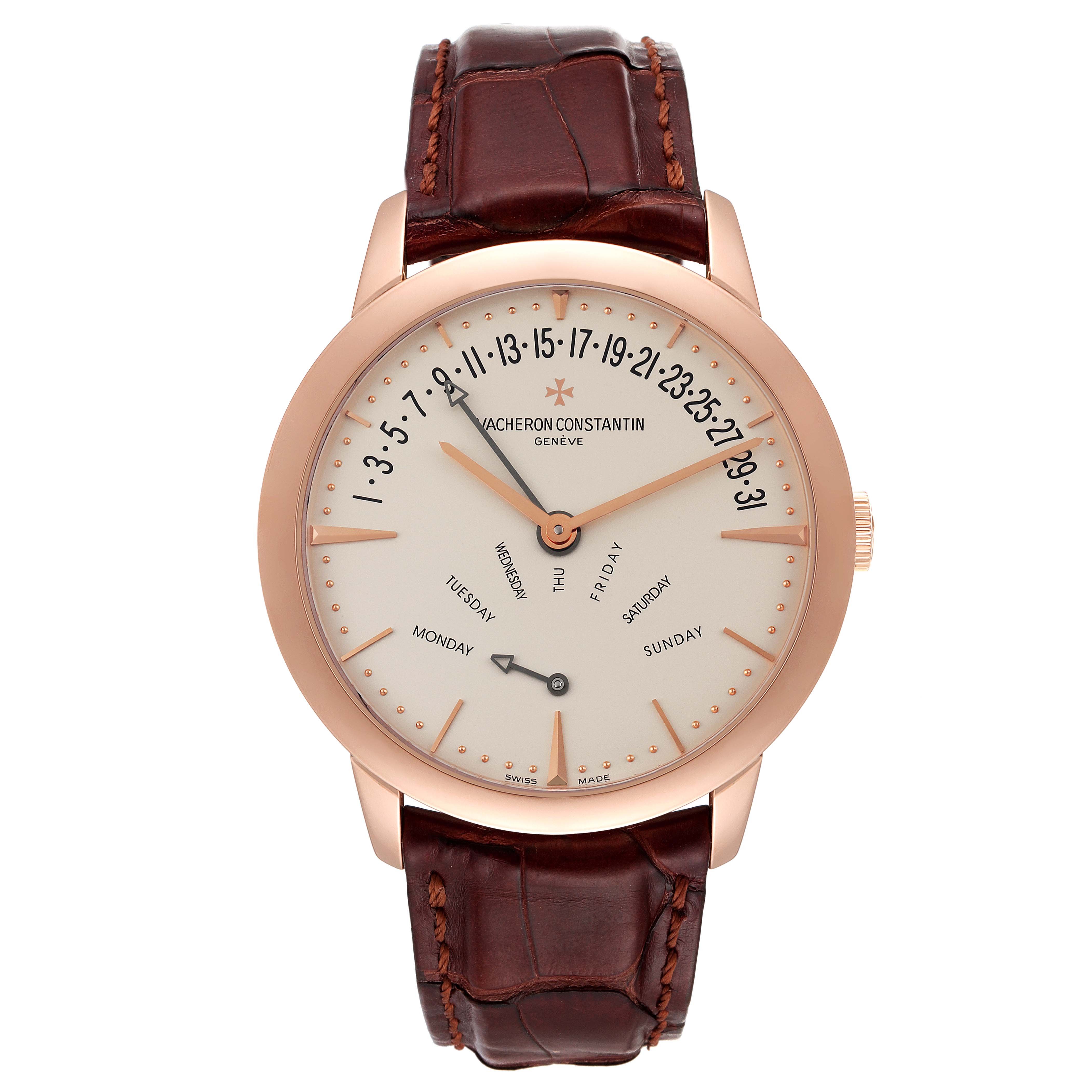 The image shows a frontal view of the Vacheron Constantin Patrimony 86020/000R-9239 Men's Rose Gold Silver Dial 86020/000R-9239 Men's Rose Gold Silver Dial watch, displaying its dial, hands, and leather strap.