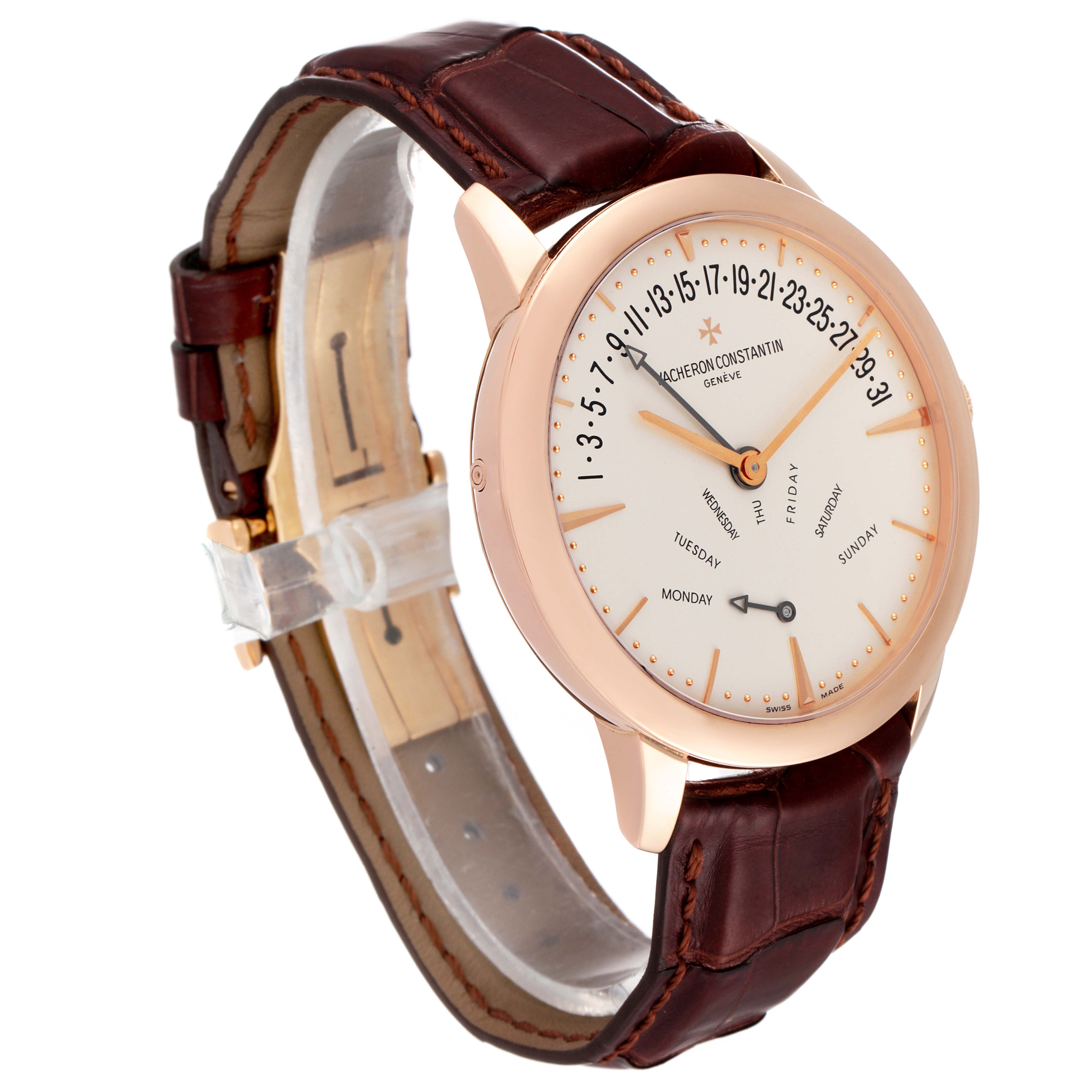 The image shows a Vacheron Constantin Patrimony 86020/000R-9239 Men's Rose Gold Silver Dial 86020/000R-9239 Men's Rose Gold Silver Dial watch at a three-quarter angle, displaying the face and leather strap.