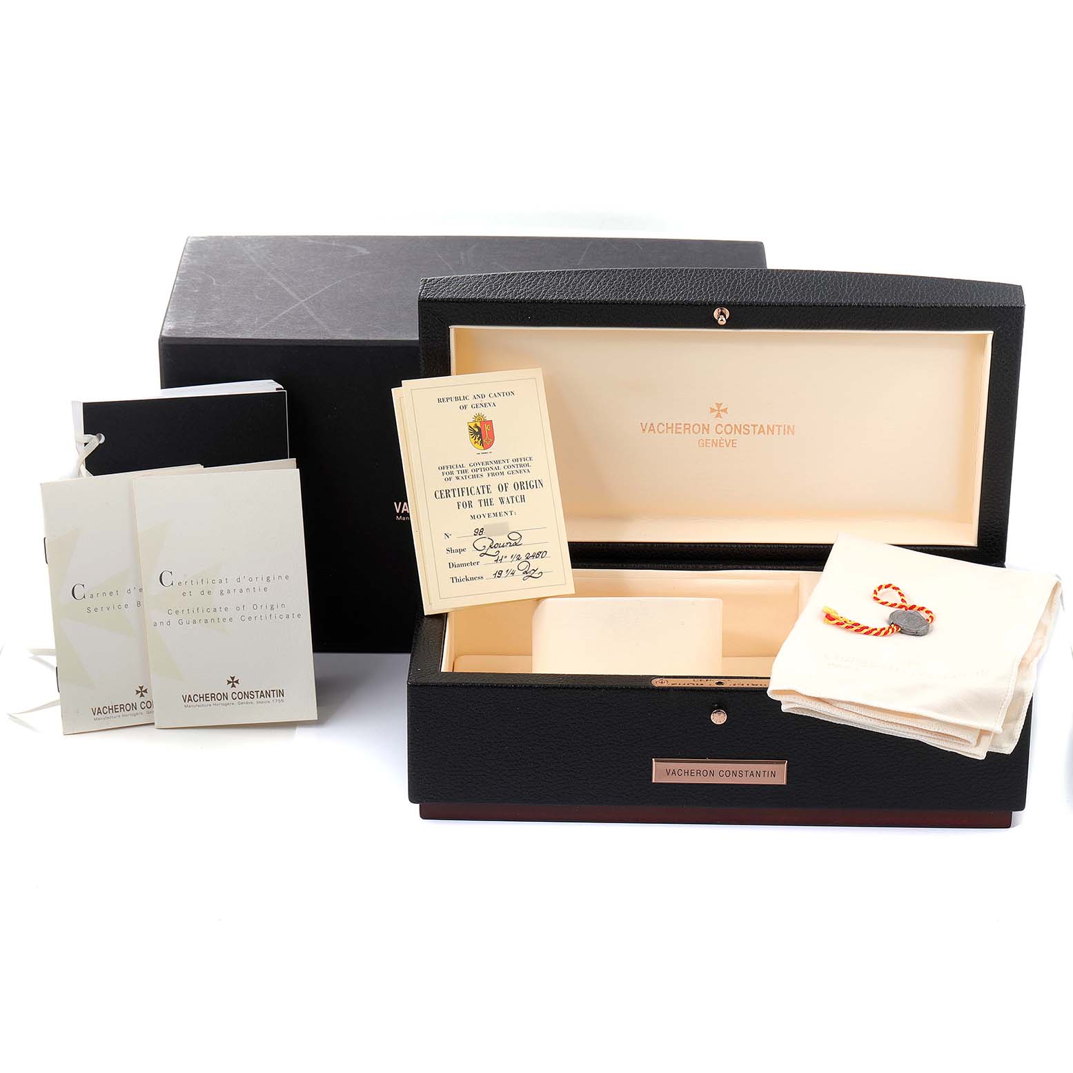The image shows the packaging and accessories for a Vacheron Constantin Patrimony 86020/000R-9239 Men's Rose Gold Silver Dial 86020/000R-9239 Men's Rose Gold Silver Dial watch, including the box, certificate, and booklet.