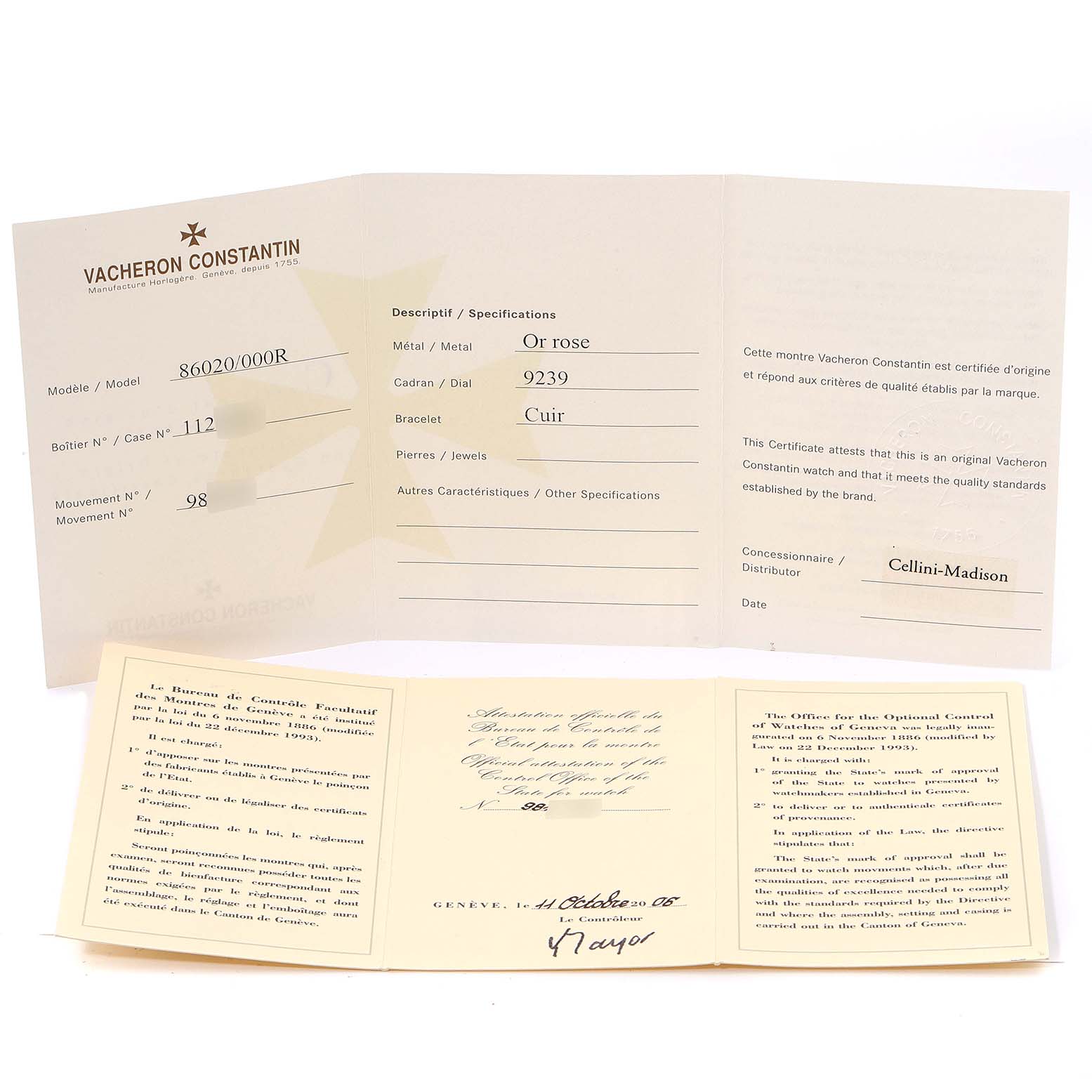 The image shows the warranty and certification papers for the Vacheron Constantin Patrimony 86020/000R-9239 Men's Rose Gold Silver Dial 86020/000R-9239 Men's Rose Gold Silver Dial model watch, displayed flat and opened.