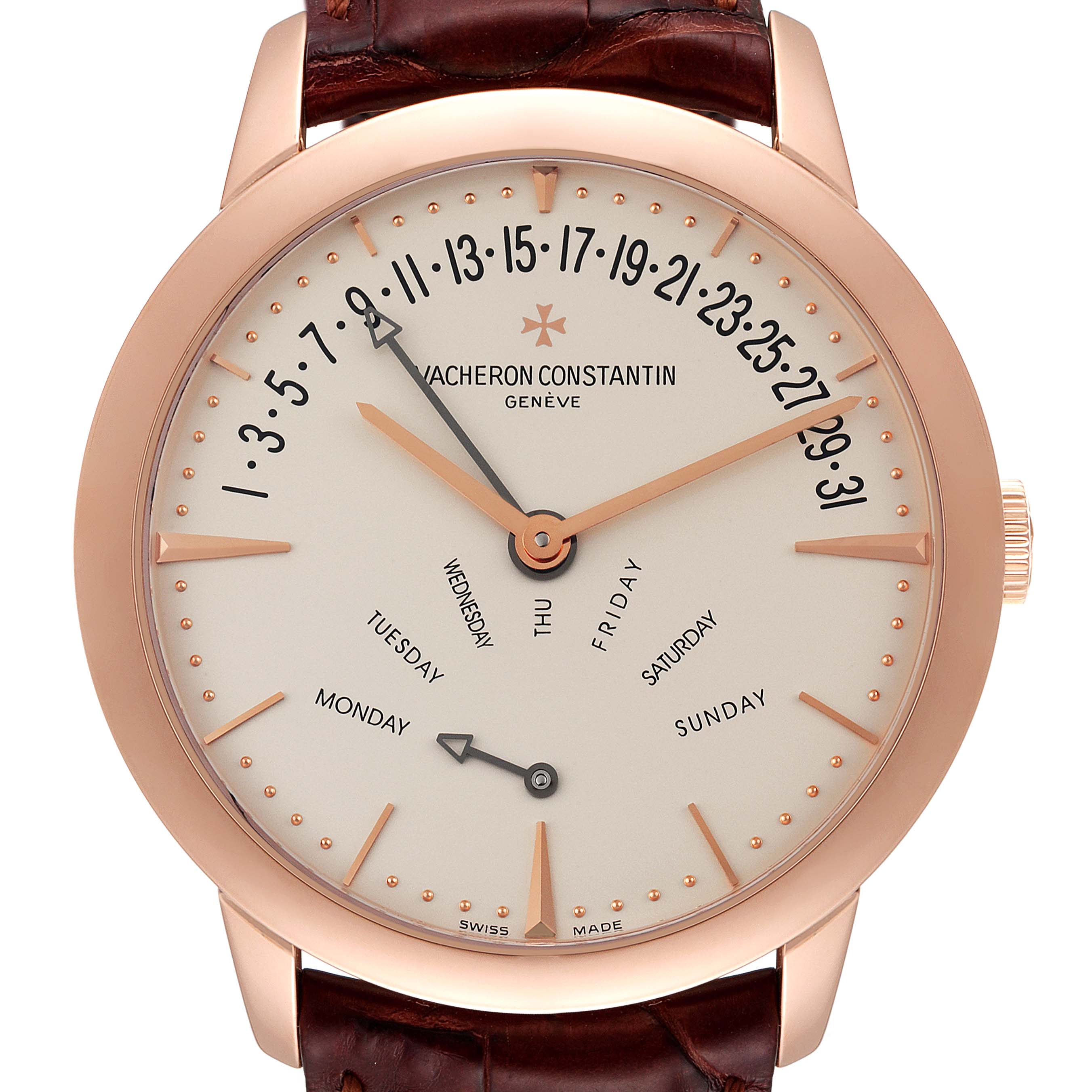 This image shows a frontal view of a Vacheron Constantin Patrimony 86020/000R-9239 Men's Rose Gold Silver Dial 86020/000R-9239 Men's Rose Gold Silver Dial watch, highlighting its dial, hands, and leather strap.