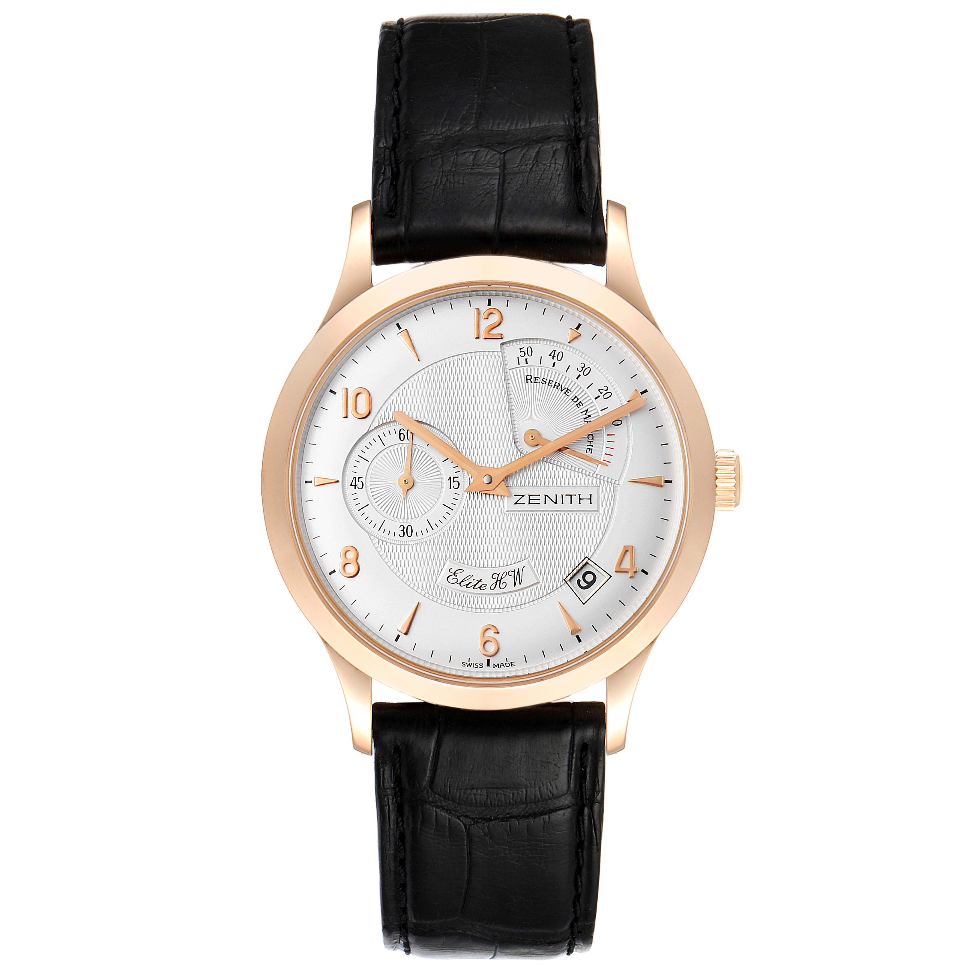 The image shows a front view of the Zenith 17.1125.655/01 Men's Rose Gold Silver Dial 17.1125.655/01 Men's Rose Gold Silver Dial Reserve De Marche Elite HW 18k Rose Gold Men's Watch 11.1125.655, displaying its face and strap.