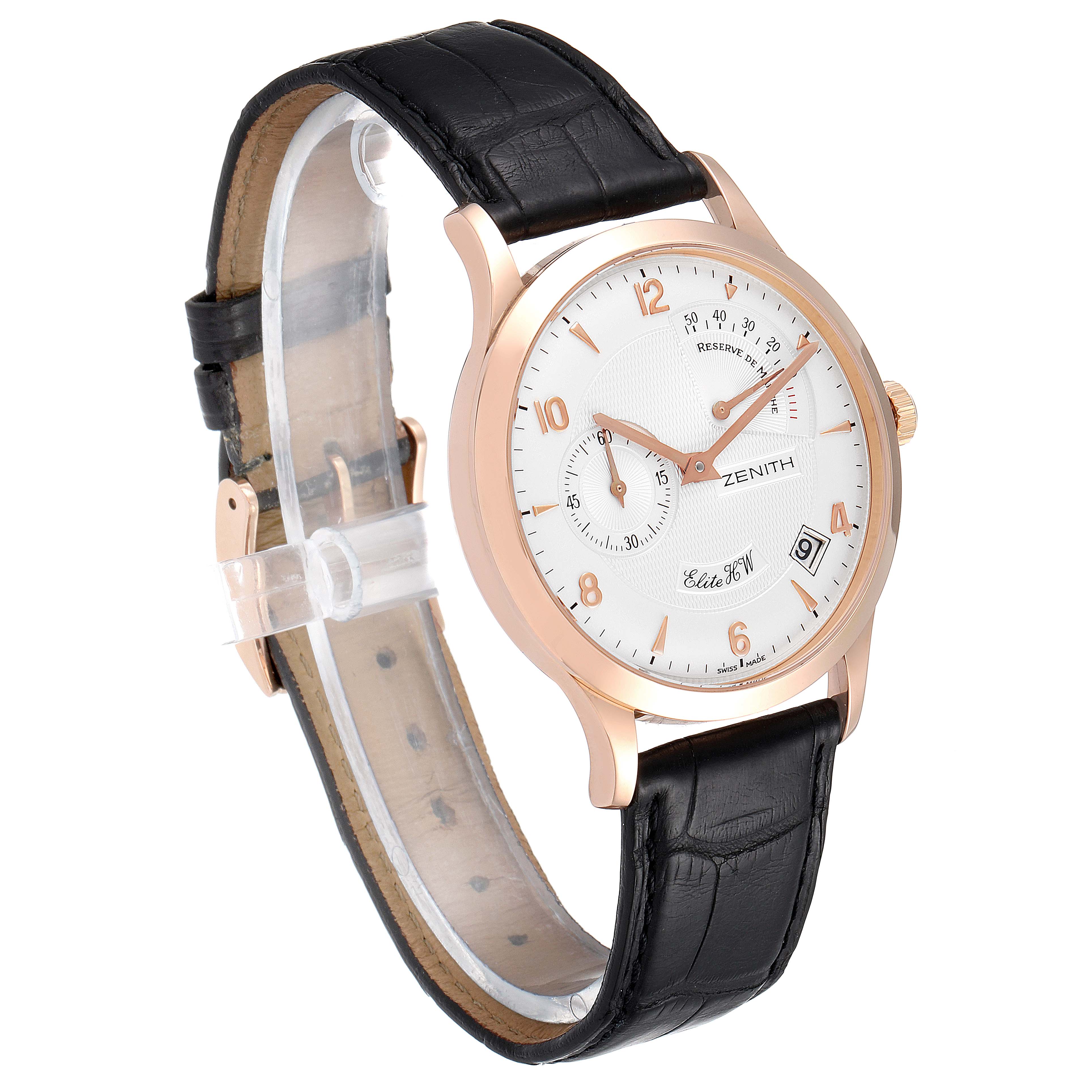 The image shows a Zenith 17.1125.655/01 Men's Rose Gold Silver Dial 17.1125.655/01 Men's Rose Gold Silver Dial Reserve De Marche Elite HW 18k Rose Gold Mens Watch (model 11.1125.655) from a front angle.