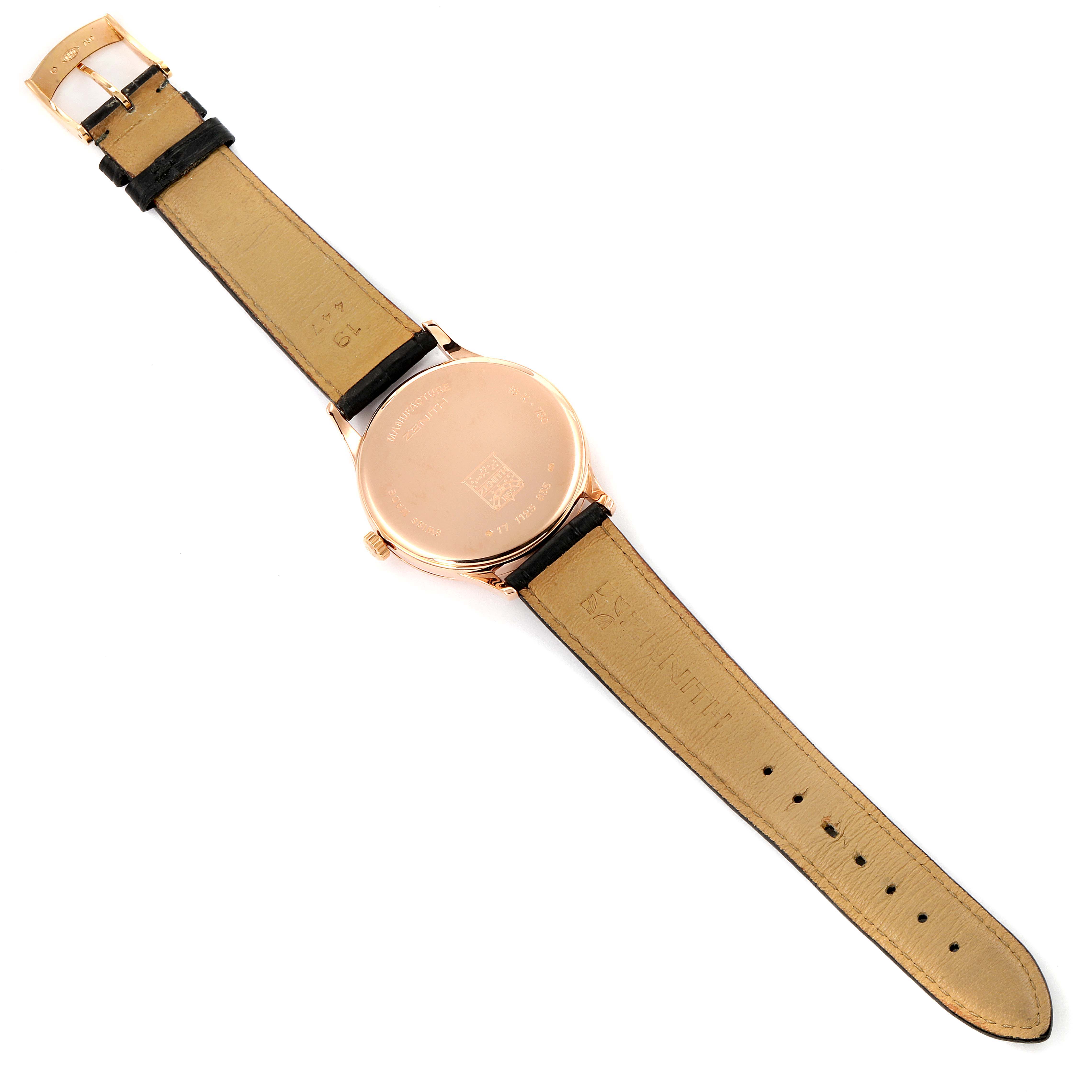 The image shows the back and strap of the Zenith 17.1125.655/01 Men's Rose Gold Silver Dial 17.1125.655/01 Men's Rose Gold Silver Dial Reserve De Marche Elite HW 18k Rose Gold Mens Watch 11.1125.655.