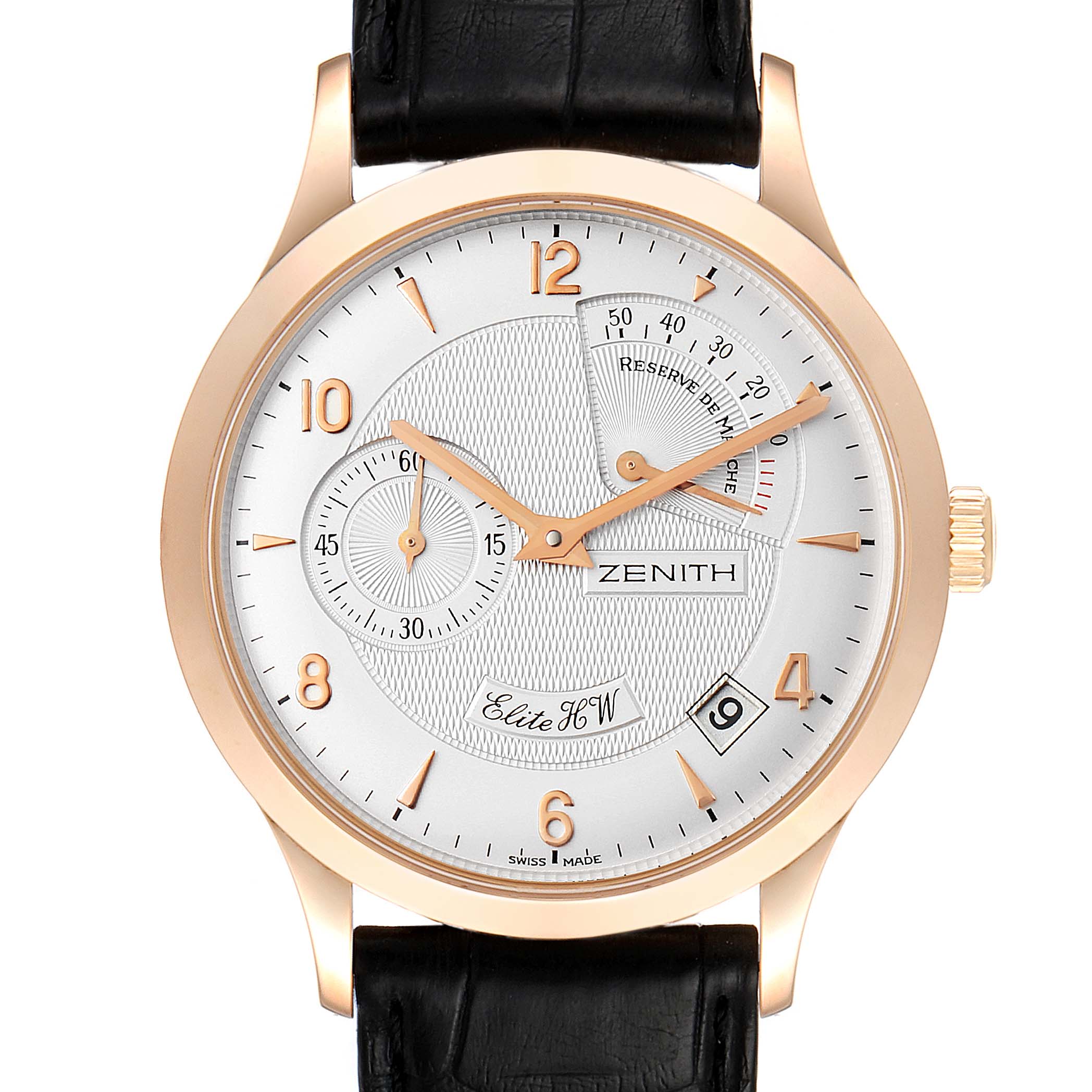 This image shows a front view of the Zenith 17.1125.655/01 Men's Rose Gold Silver Dial 17.1125.655/01 Men's Rose Gold Silver Dial Reserve De Marche Elite HW 18k Rose Gold Men's Watch model 11.1125.655, displaying the full face and black leather strap.