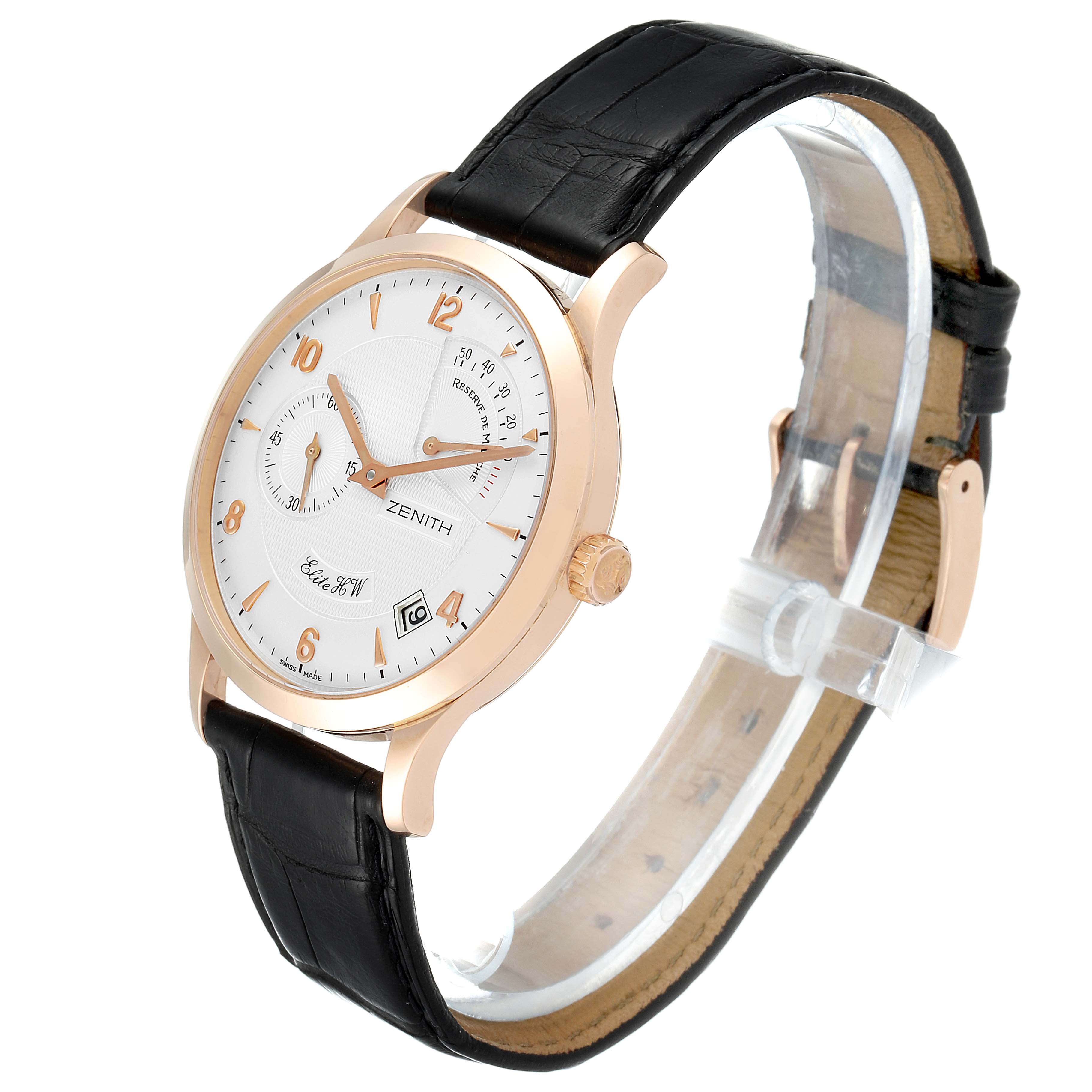 The Zenith 17.1125.655/01 Men's Rose Gold Silver Dial 17.1125.655/01 Men's Rose Gold Silver Dial Reserve De Marche Elite HW 18k Rose Gold Mens Watch 11.1125.655 is shown at a three-quarter angle, highlighting the case and strap.