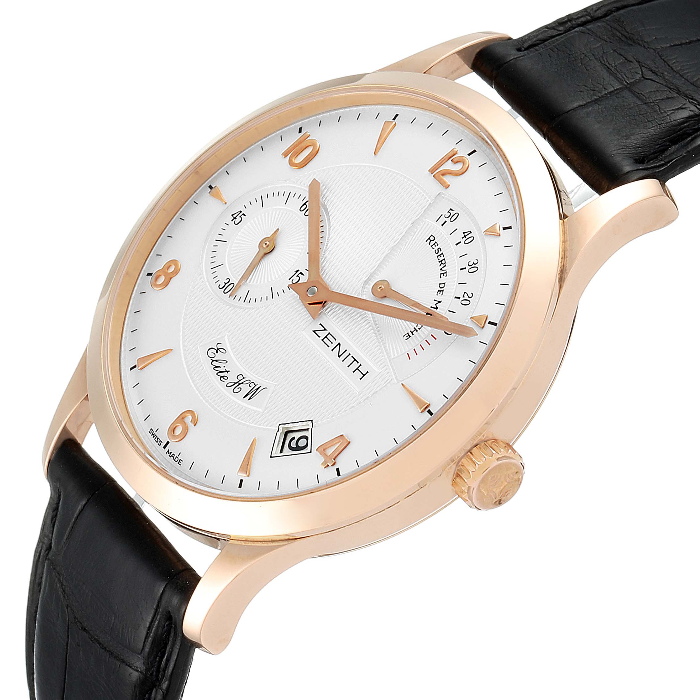 The Zenith 17.1125.655/01 Men's Rose Gold Silver Dial 17.1125.655/01 Men's Rose Gold Silver Dial Reserve De Marche Elite HW 18k Rose Gold Men's Watch is shown at a slight angle, displaying the dial, crown, and leather strap.