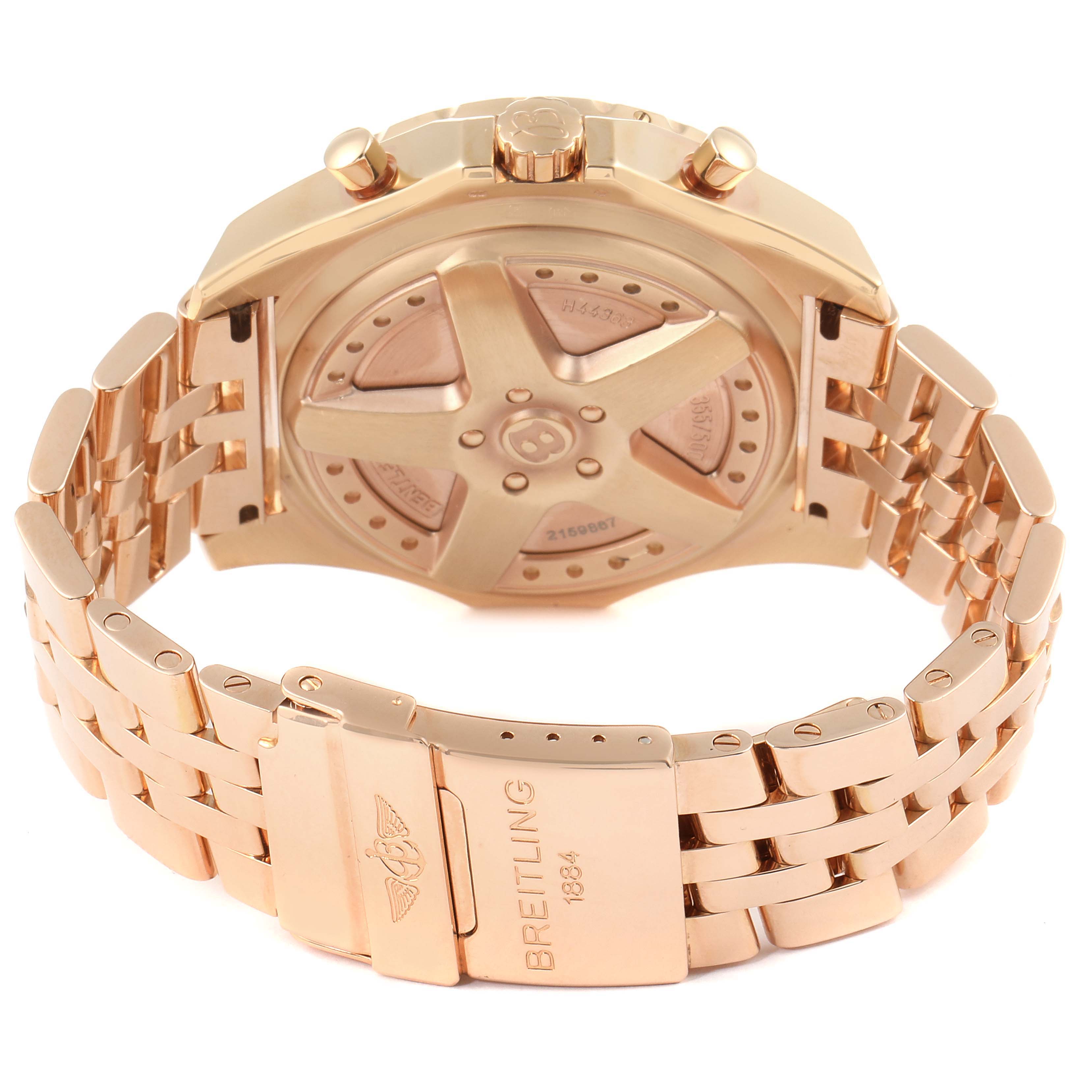 The image shows the back and clasp of the Breitling Bentley H44363 Men's Rose Gold Black Dial H44363 Men's Rose Gold Black Dial watch, highlighting the bracelet and rear case.